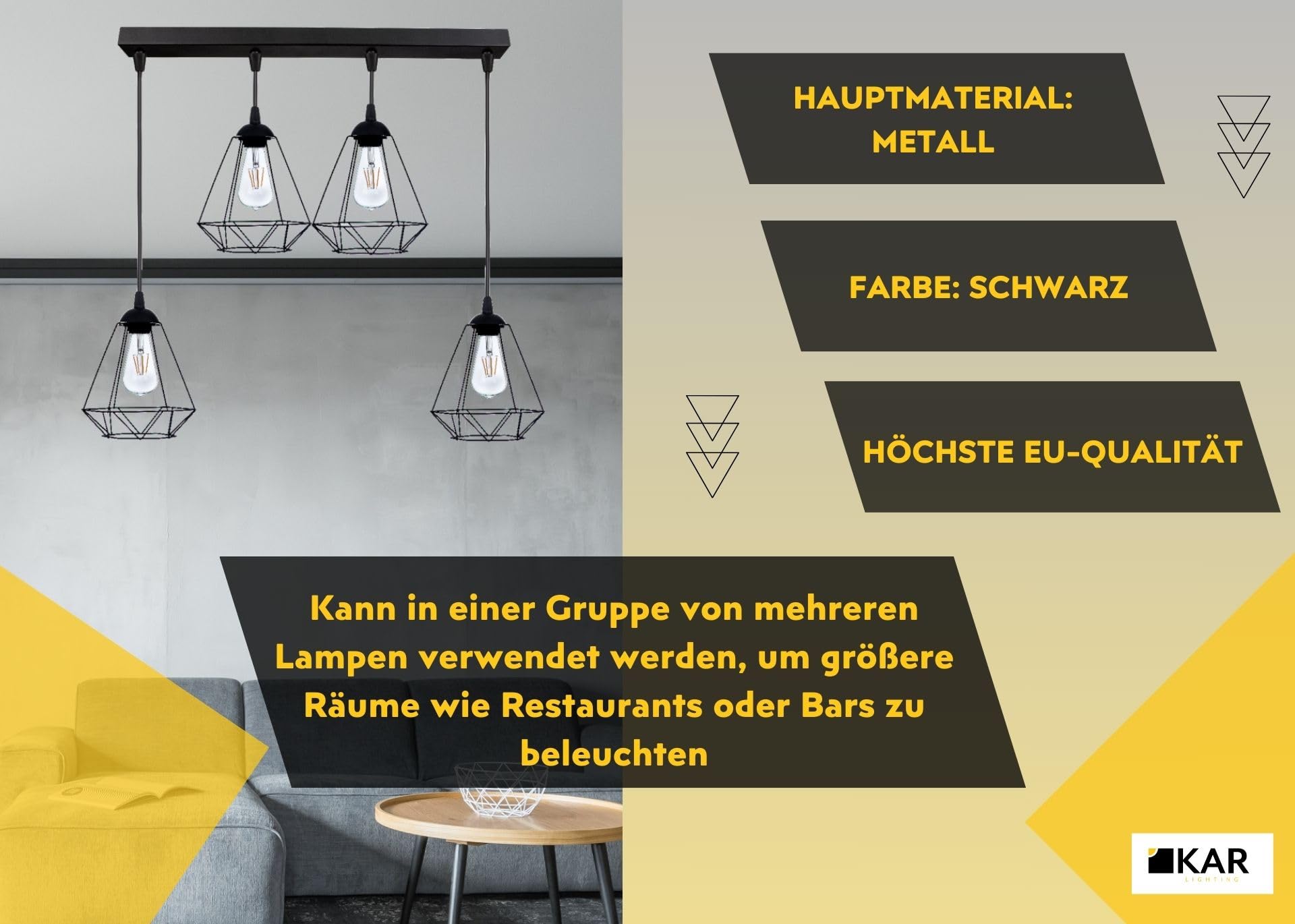 Pendellampe 4-flammig Schwarz – höhenverstellbare Loft Hängeleuchte aus Metall – E27 Hängelampe für Wohnzimmer, Esszimmer, Küche oder Büro – LED geeignet