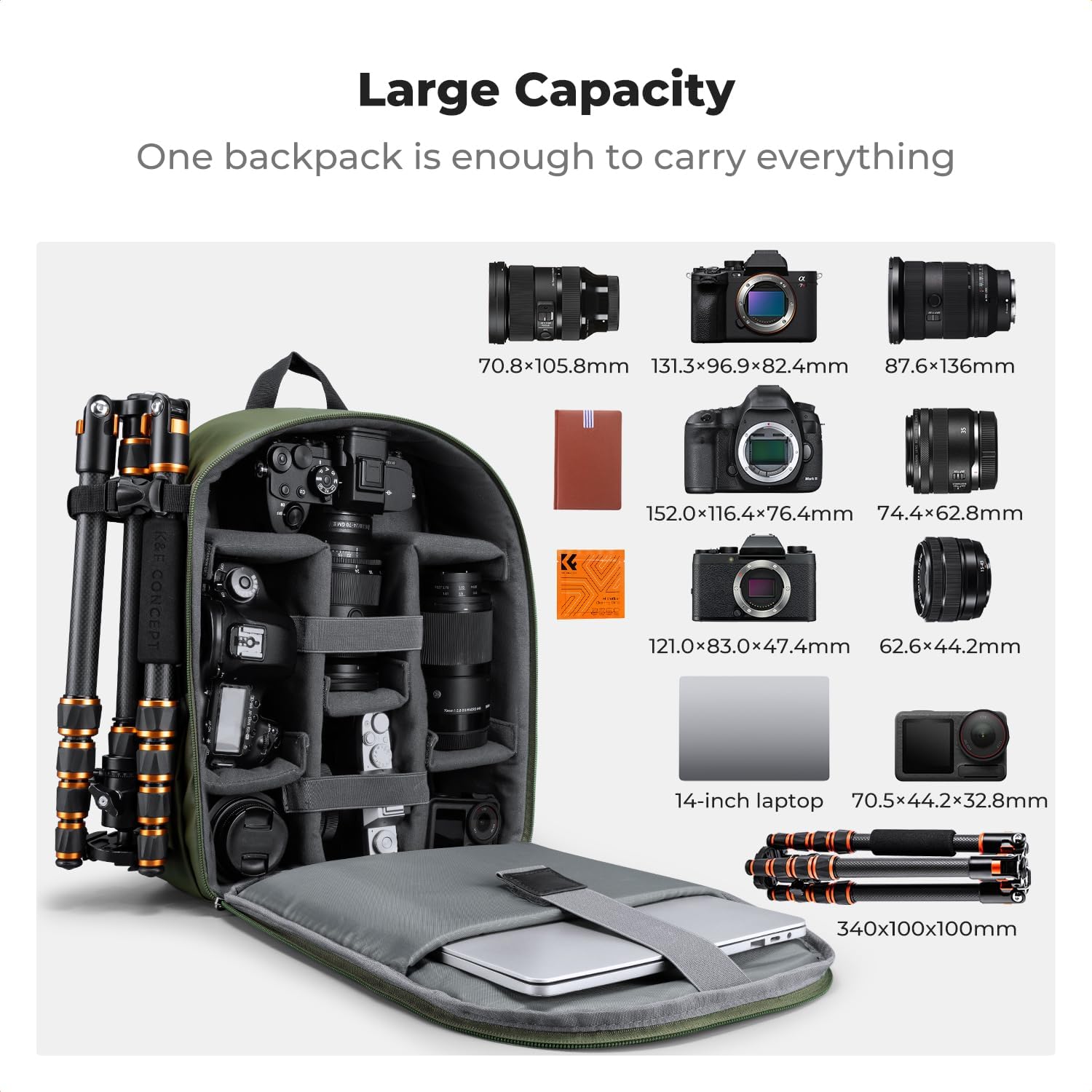 K&F CONCEPT Camera Bag Backpack, Professional DSLR/SLR/Mirrorless Camera Backpack, Photography Camera Case with Tripod Holder & Rain Cover Compatible with Canon/Sony/Nikon/FUJIFILM