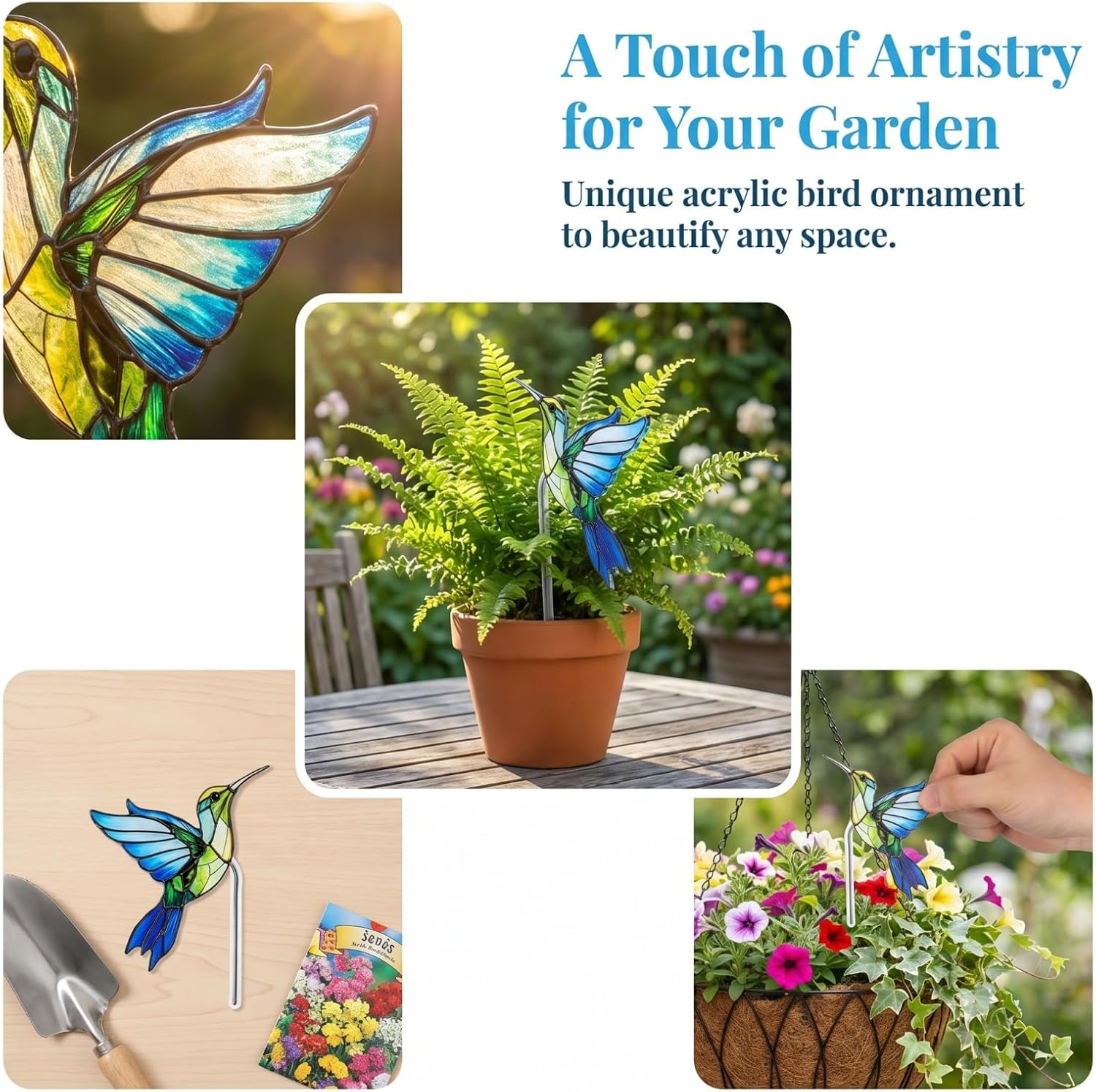 INOOMP Acrylic Hummingbird Bird Flower Pot Huggers Cute Animal Bird Statue Bonsai Pot Ornament for Planter Hanger Decorations Outdoor Fairy Garden Planter Edge Accessories