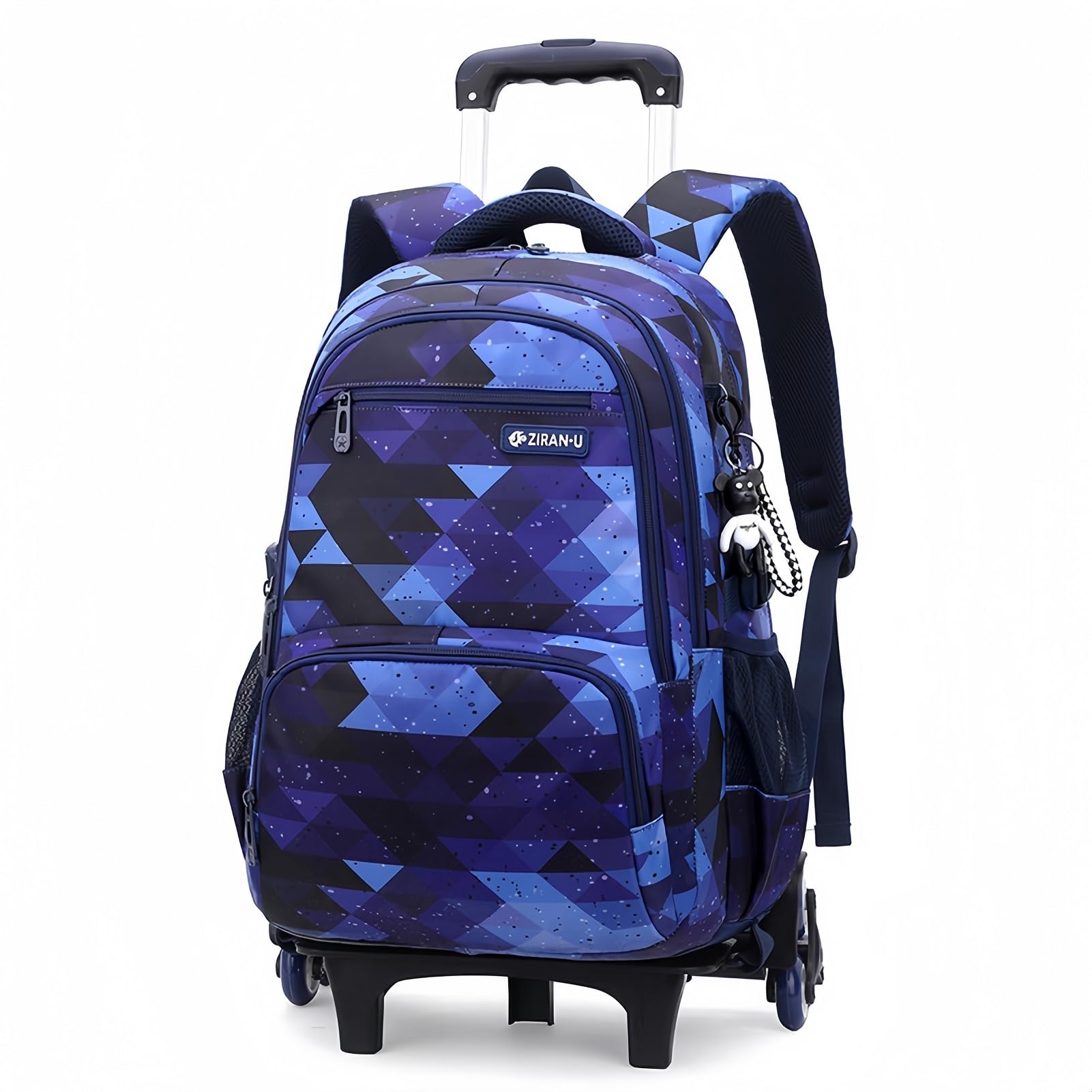 Trolley Schulranzen für Jungen, Abnehmbarer Rucksack mit Rollen, Rucksack mit Rädern für Grund- und Sekundarschüler, Blaues Gitternetz