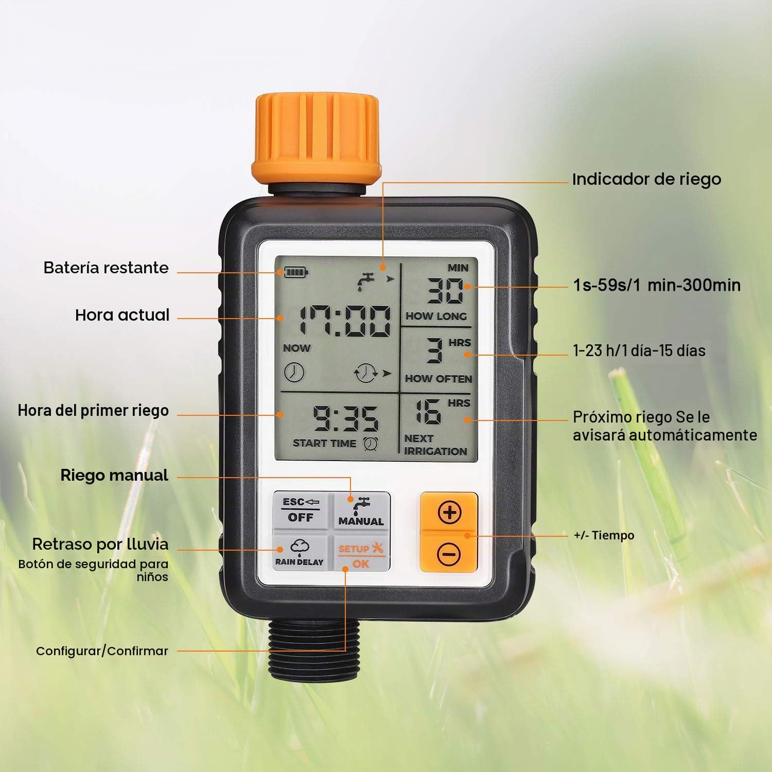 Johgee Temporizador de Riego Automatico Jardín, El Acoplamiento de Grifo de Agua ½ y ¾ Son Aplicables, Programa de Memoria Permanente, Programador de Riego Automático con Pantalla 3 ” LCD