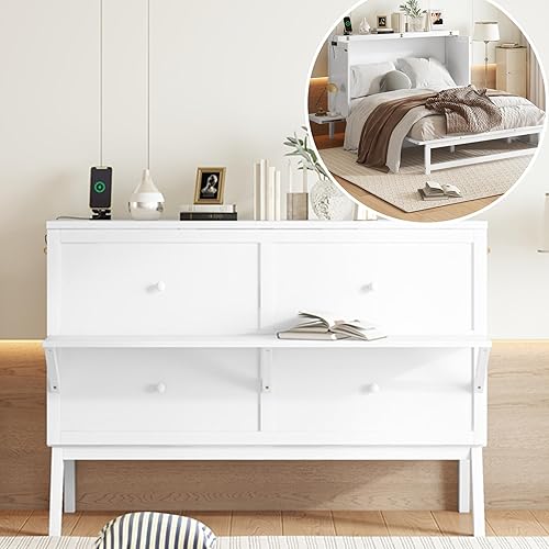 Queen Size Murphy Cabinet Bed with Desk and USB-Port,Foldable Murphy
