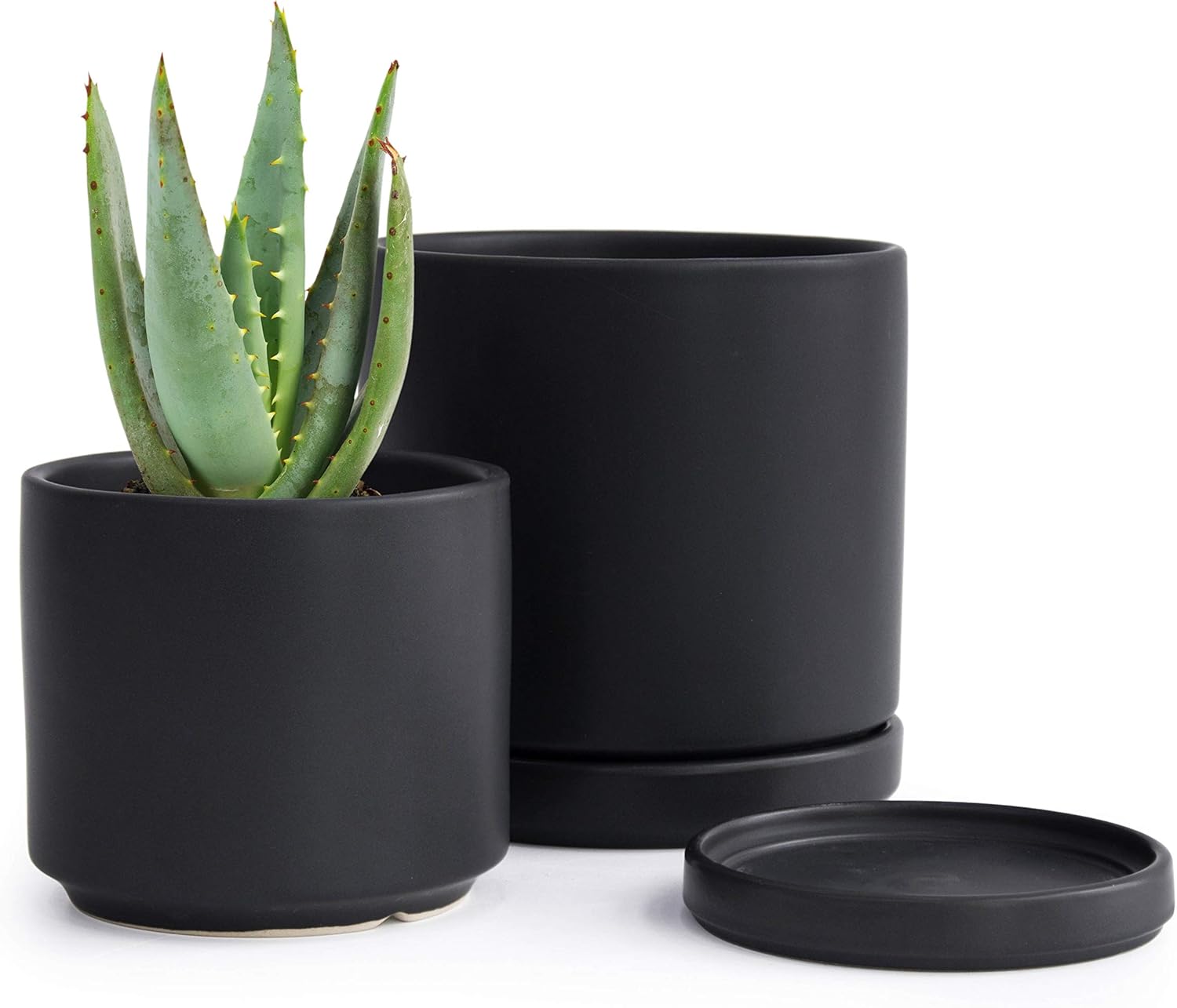 Small Plant Pots Set, 4.3 Inch & 6 Inch Ceramic Planter Pot for Plants with Drainage Hole and Saucer, Black, 94-G-S-2 : Patio, Lawn & Garden