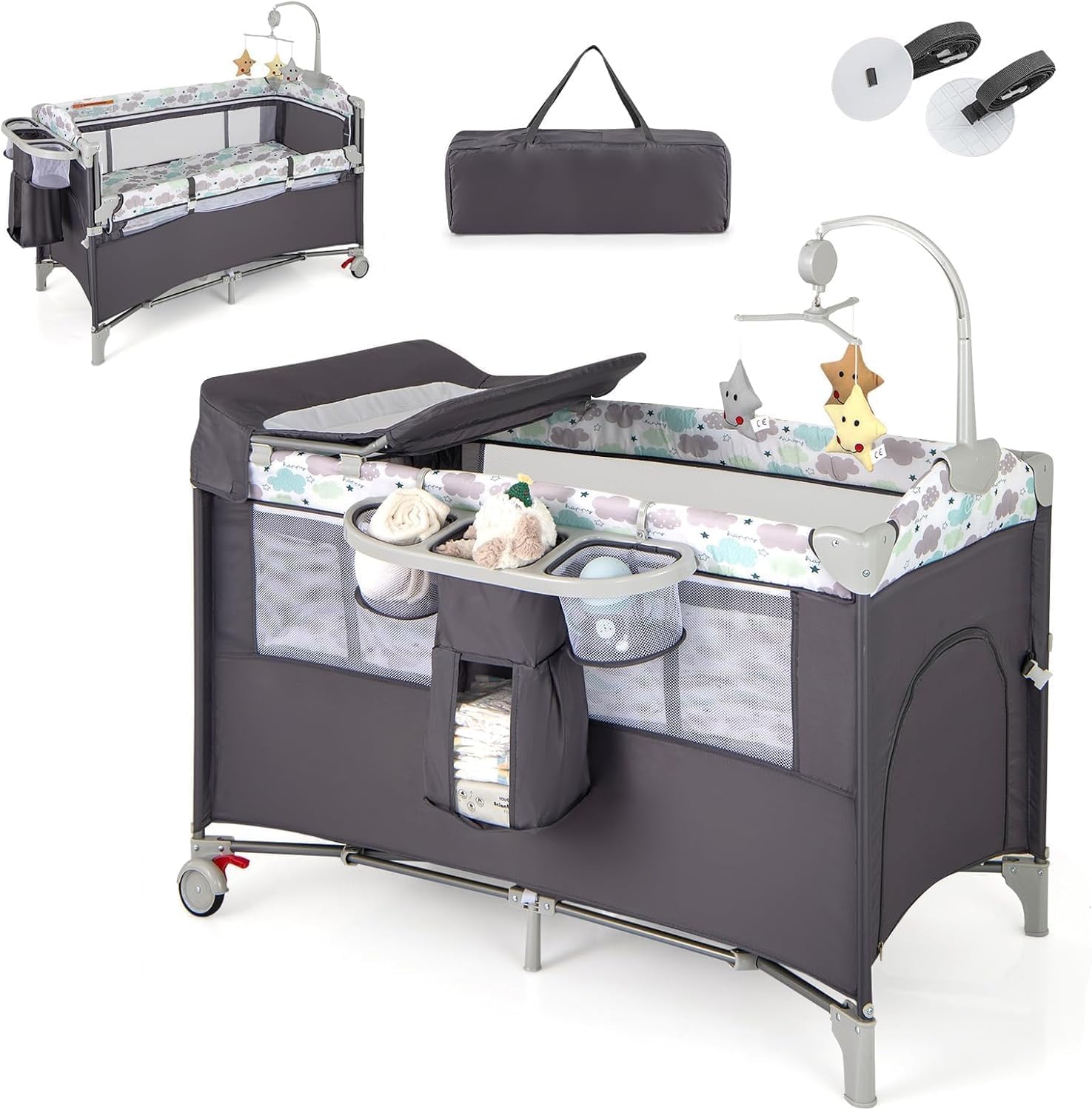 RELAX4LIFE 5 en 1 Cuna Infantil Bebe con 2 Ruedas Bloqueables, Cambiador, Correa Fijación, Caja de Música y 3 Juguetes Colgantes, Cuna con Colchón y Bolsa de Transporte para Bebés 0-36 Meses (Gris)