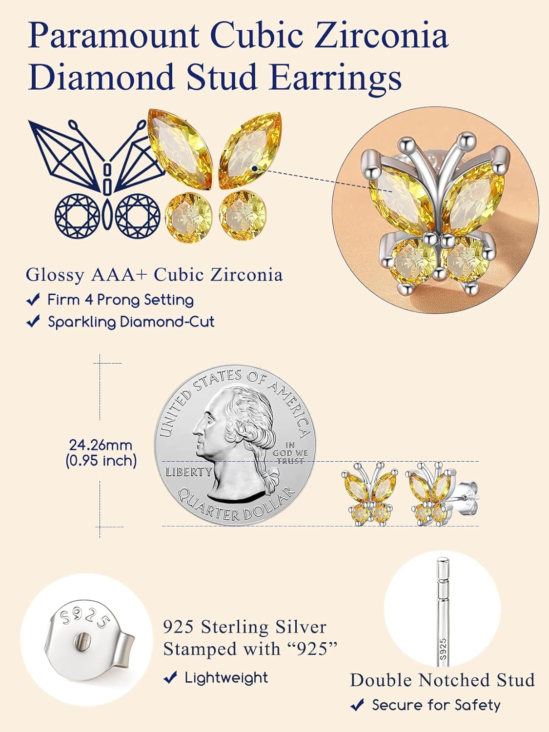 Suplight Butterfly Stud Earrings for Women, 14K Gold & Silver Birthstone Cubic Zirconia, Hypoallergenic Surgical Steel Sterling Silver Post, Sensitive Ears Friendly, Everyday Wear Women’s Jewelry Gifts - Image 4