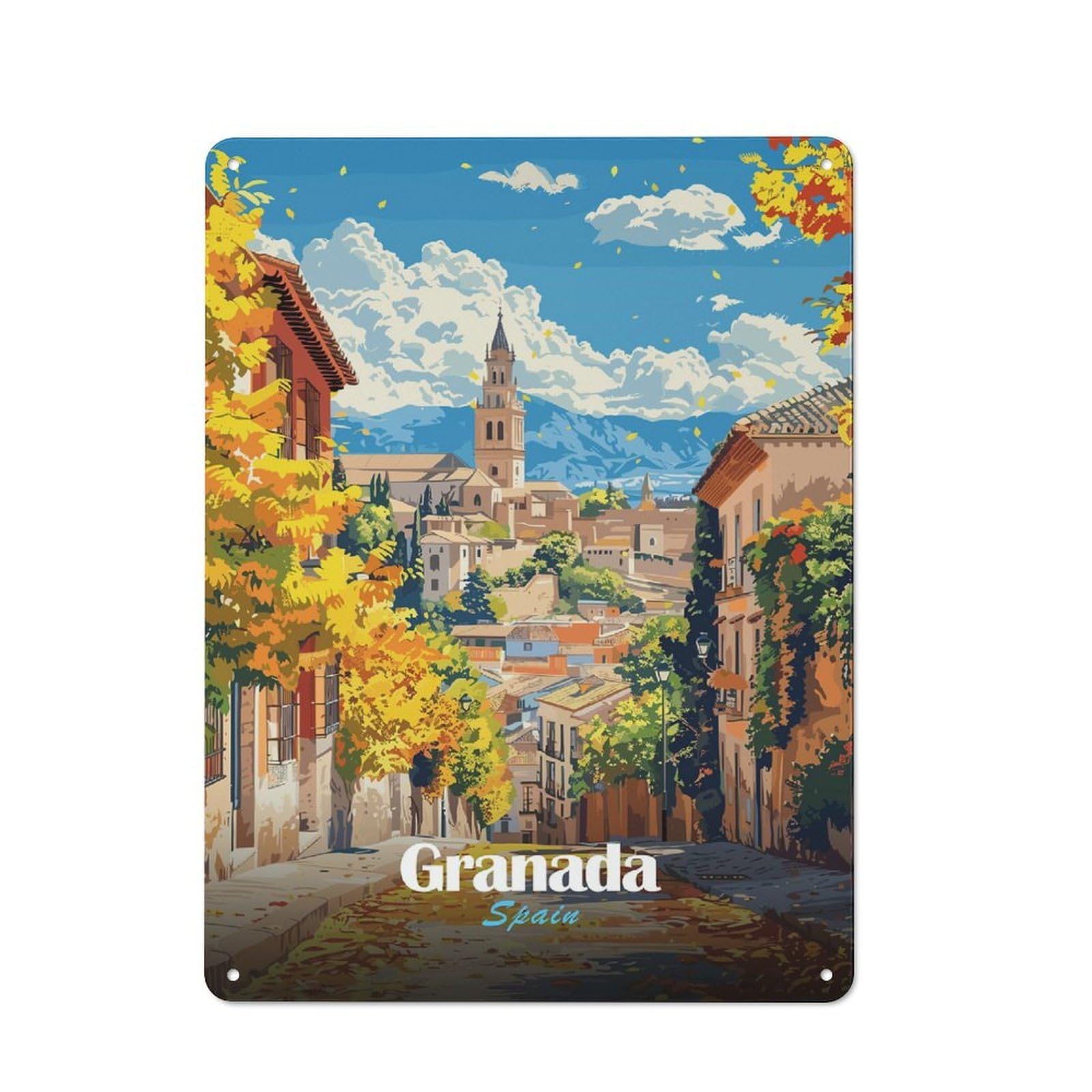 Junmoney Style-12 Granada, Spain, Autumn Cityscape Vintage Metal Sign 40X30cm For Lounge Or Reading Corner, For A Room Refresh Centred On Metal Wall Decor