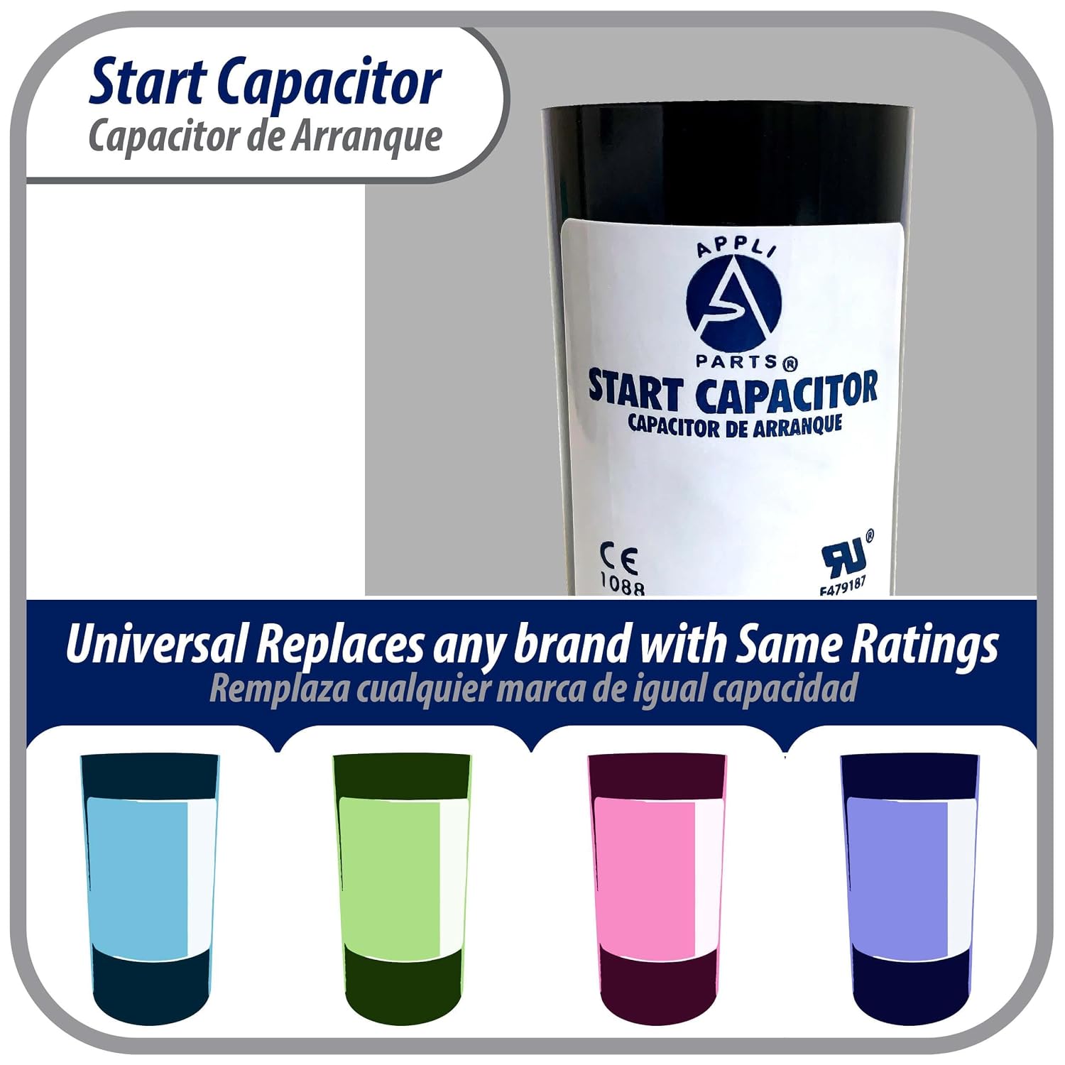 Appli Parts CON-270-250 Motor Start Capacitor 270-324 MFD uF, 250 VAC. Universal for Electric Motor Applications, 1.75 in Wide, 3.38 in Height