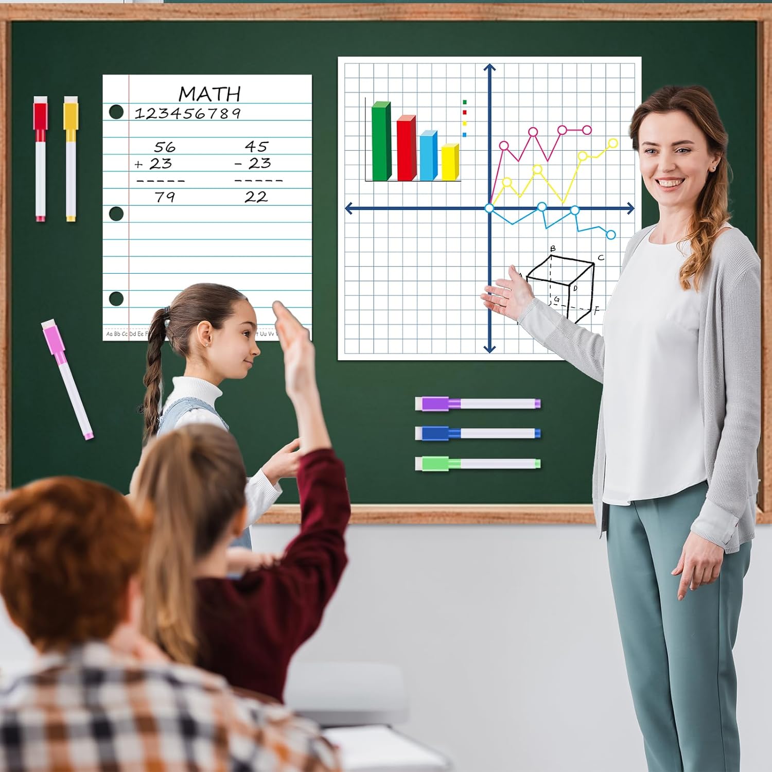 Giant Magnetic Graph Grid XY Coordinate Paper for Whiteboard Dry Erase Magnetic Lined Notebook Handwriting Paper Magnets with 6 Writing Pen for Teacher Math Classroom Must Have