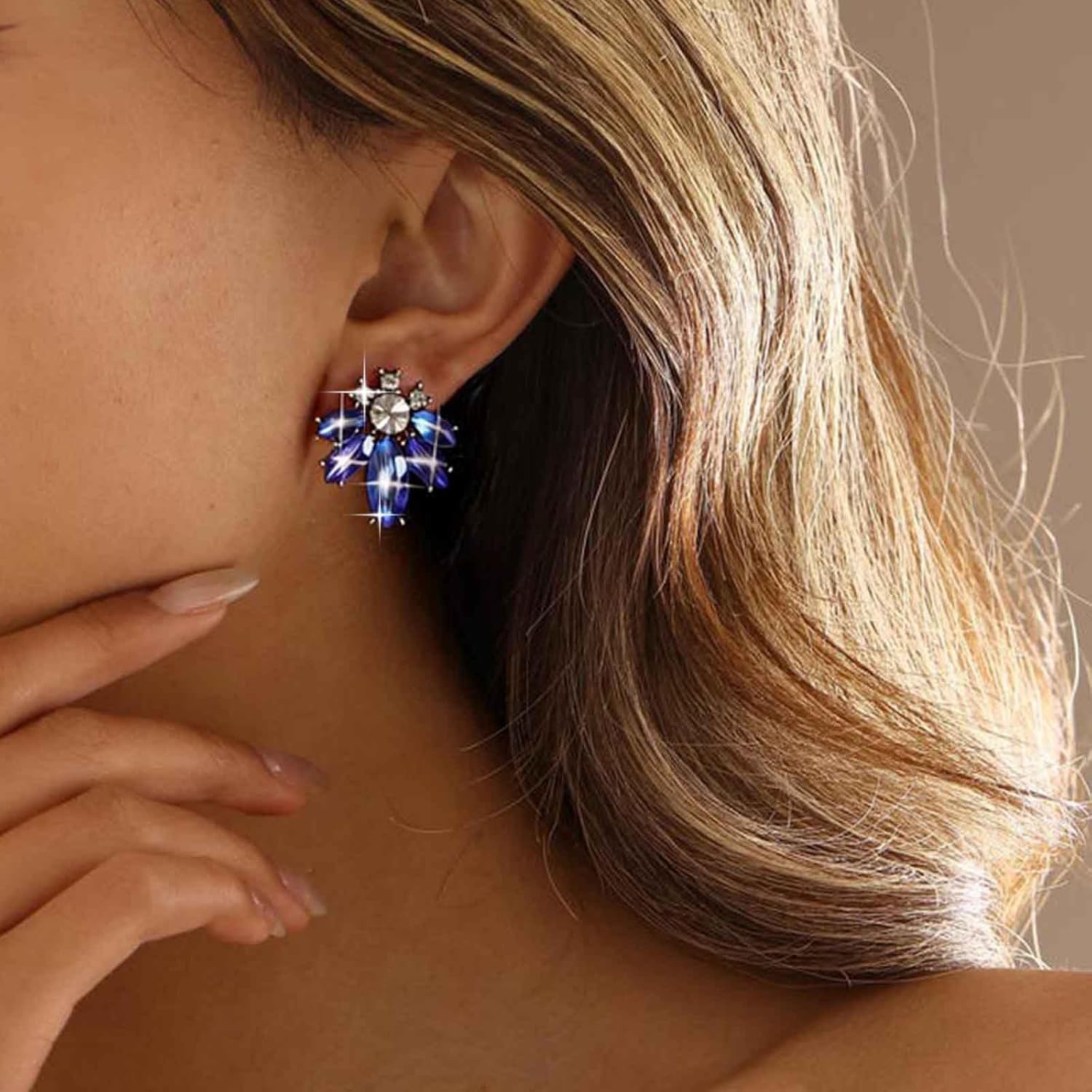 Boho Sapphire Gemstone Stud Earrings Blue Rhinestone Earring Vintage Blue Gemstone Earring Wedding Crystal Earrings Jewelry for Women - Image 2