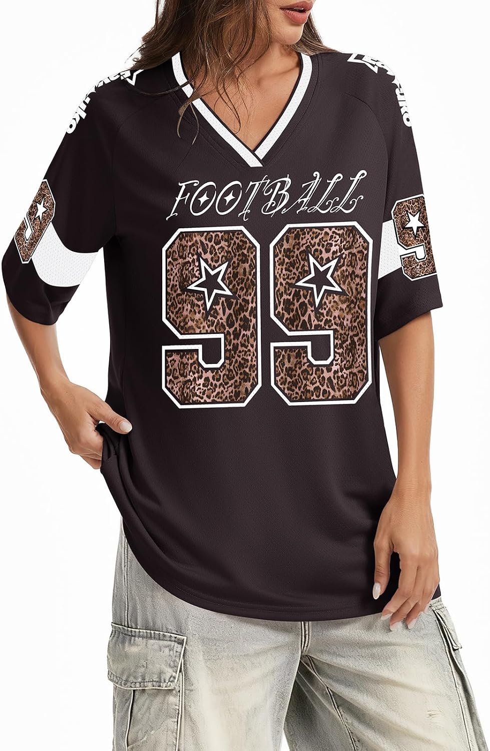 Football Jersey Shirts for Women Y2K Tops Leopard Number Graphic Tees Oversized V Neck Game Day T Shirt Fashion Streetwear image 4