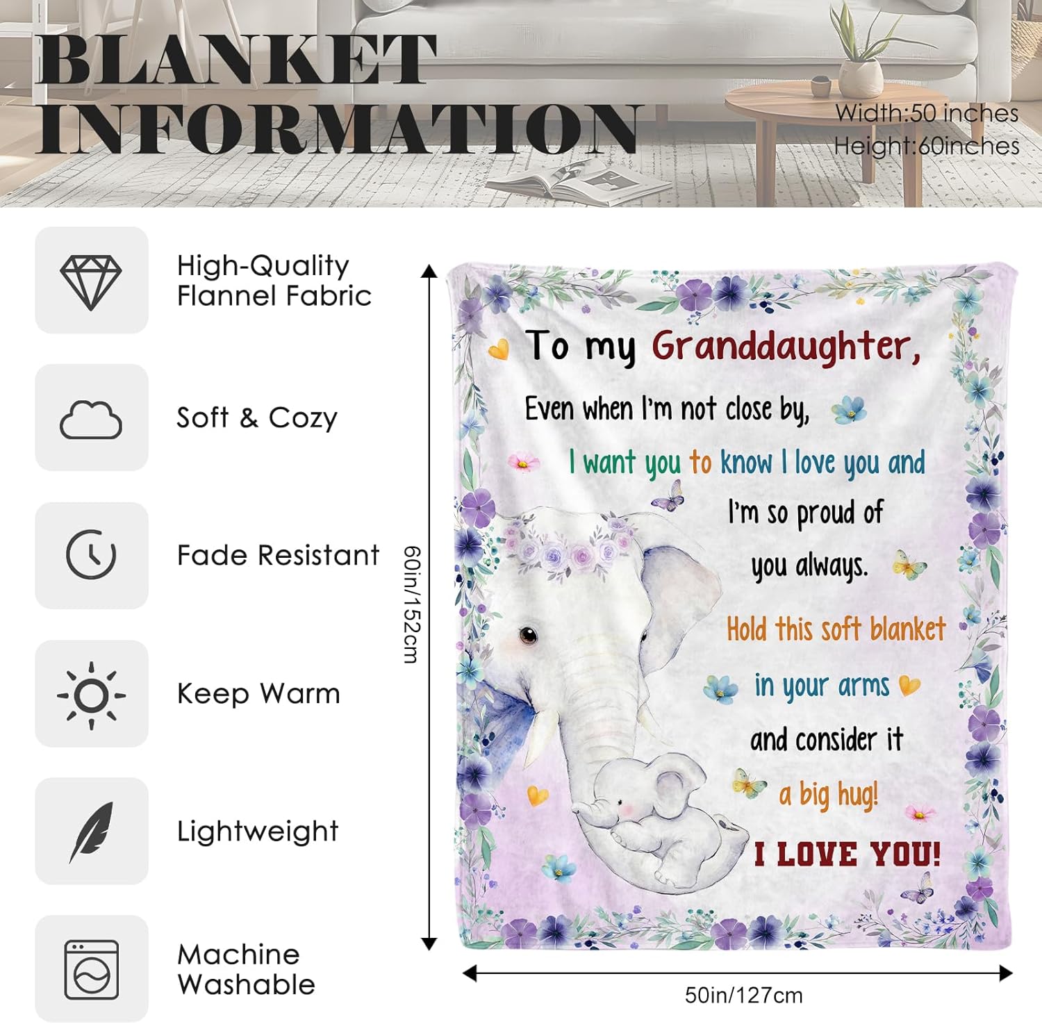 Granddaughter Gifts from Grandma, to My Granddaughter Gifts from Grandma Throw Blankets, Soft Flannel Blanket, Granddaughters Gift for Birthday Christmas, Grandchild Blanket, 60” x 50” - Image 4