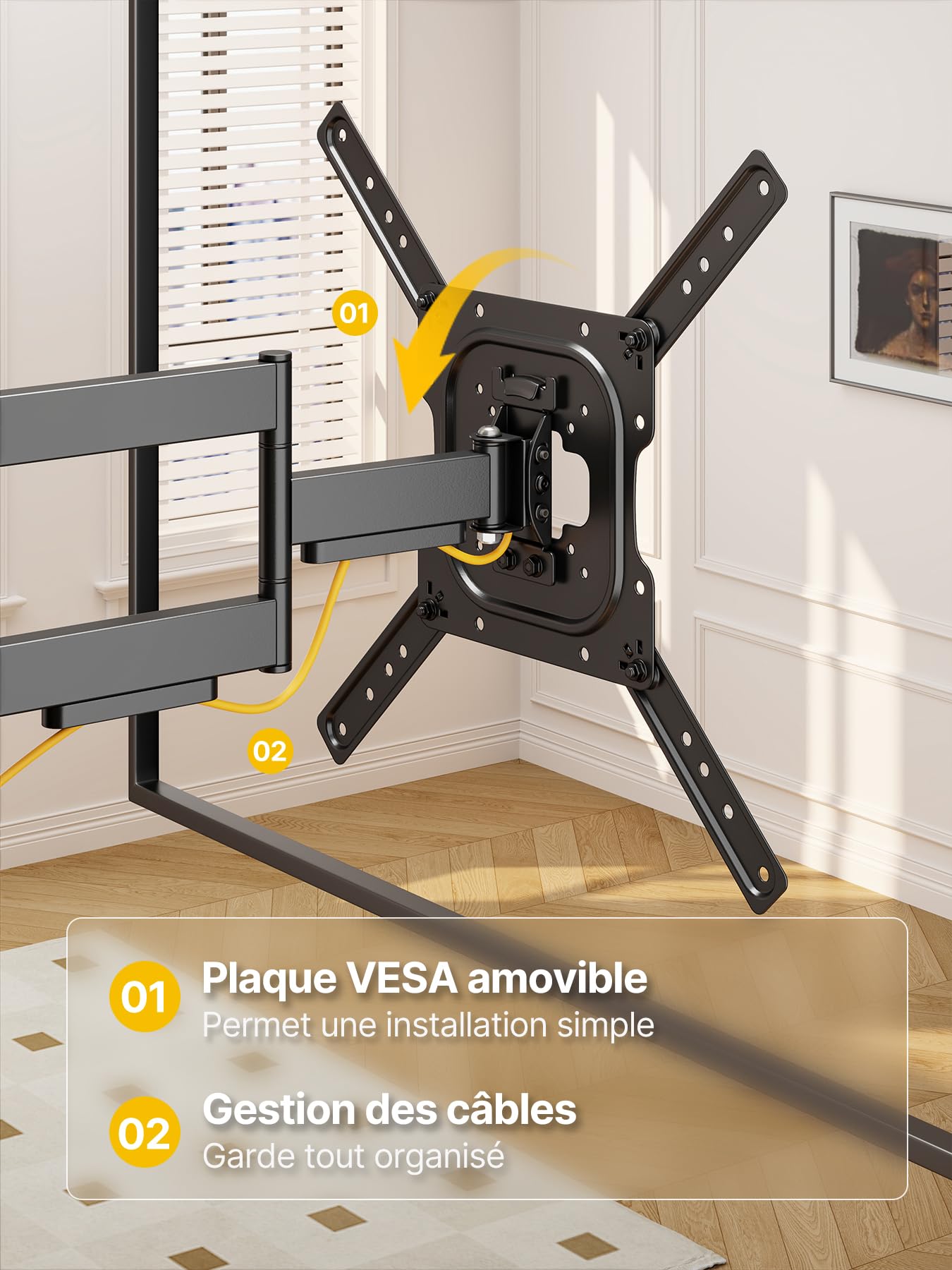 monTEK Support TV Mural pour Écrans Plats/Incurvés LED/OLED jusqu'à 60 kg | Support TV Mural Orientable, Inclinable et Rotatif, Bras Television Mural Extensible, Max VESA 400x400 mm