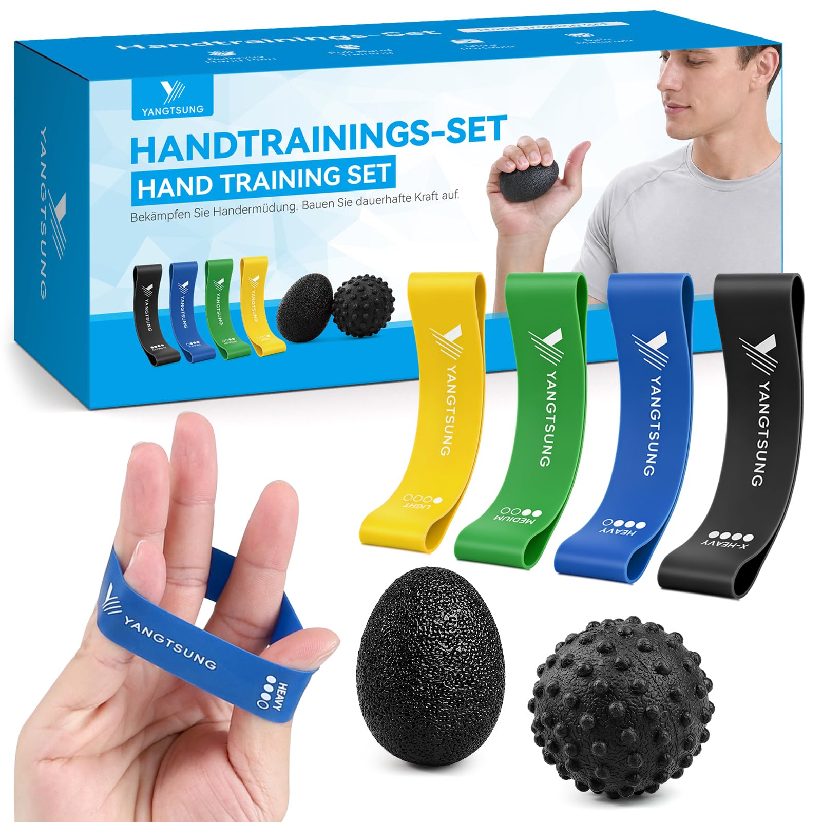 YANGTSUNG Finger Strengthener, Handtrainer Fingertrainer Set 6 Pcs, Finger Resistance Band, Hand Exercise Ball, for Targeted Exercise, Strength Building, Relief, and Recovery