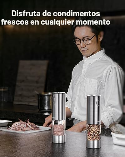 Miniatura 8 de TOMEEM Juego de molinillo eléctrico de sal y pimienta de mayor capacidad mejorado recargable con luces LED, molinillo automático de sal y pimienta