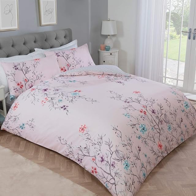 Sleepdown Oriental Floral Blossom Blush Pink Geo Reversible Soft Easy Care Duvet Cover Quilt Bedding Set with Pillowcases - King (220cm x 230cm)