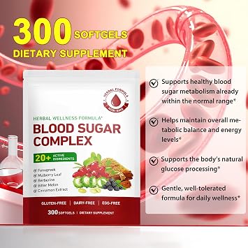 Blood Sugar Complex Supplement | 20+ Active Herbs-Berberine/Cinnamon/Bitter Melon/Mulberry Leaf/Fenugreek/Vitamins for Immune/Metabolism/Balance/Energy, Blood Sugar Level Support | 300 Softgels