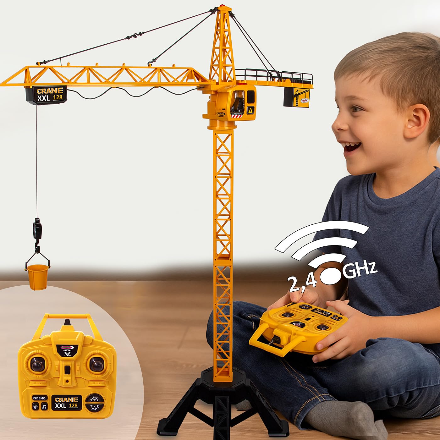 JAMARA 406320 Turmdrehkran Crane XXL 128 2,4GHz - Kinder Spielzeug Ferngesteuert, Fernbedienung Rc Toy, Kran für Baustelle Remote Control, Geschenk für Kinder, Metallhaken