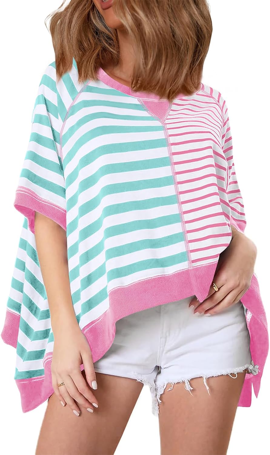 Acelitt Womens Casual Summer Short Sleeve Crewneck Color Block Sweatshirts T-Shirts Tops, Medium Pink