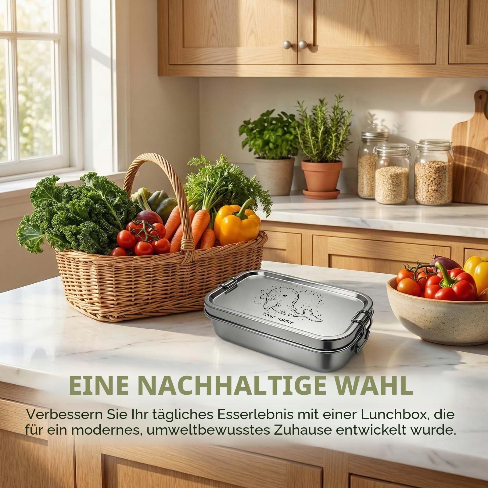 Personalisierte Edelstahl Brotdose Optional Fächern, mit 4-teilig Edelstahl Besteck, 700ml/1000ml/1650ml, Laserdruck mit Namen/Foto, Auslaufsichere Lunchbox für Kinder & Erwachsene, Bento Box(1650ML)