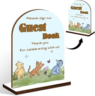 Classic Winnie Please Sign Our Guest Book Sign, the Pooh 3D Guestbook Sign for Baby Wedding Shower, Blue Wooden Wedding Guest Book Sign with Stand, Wood Wedding Sign for Ceremony or Reception