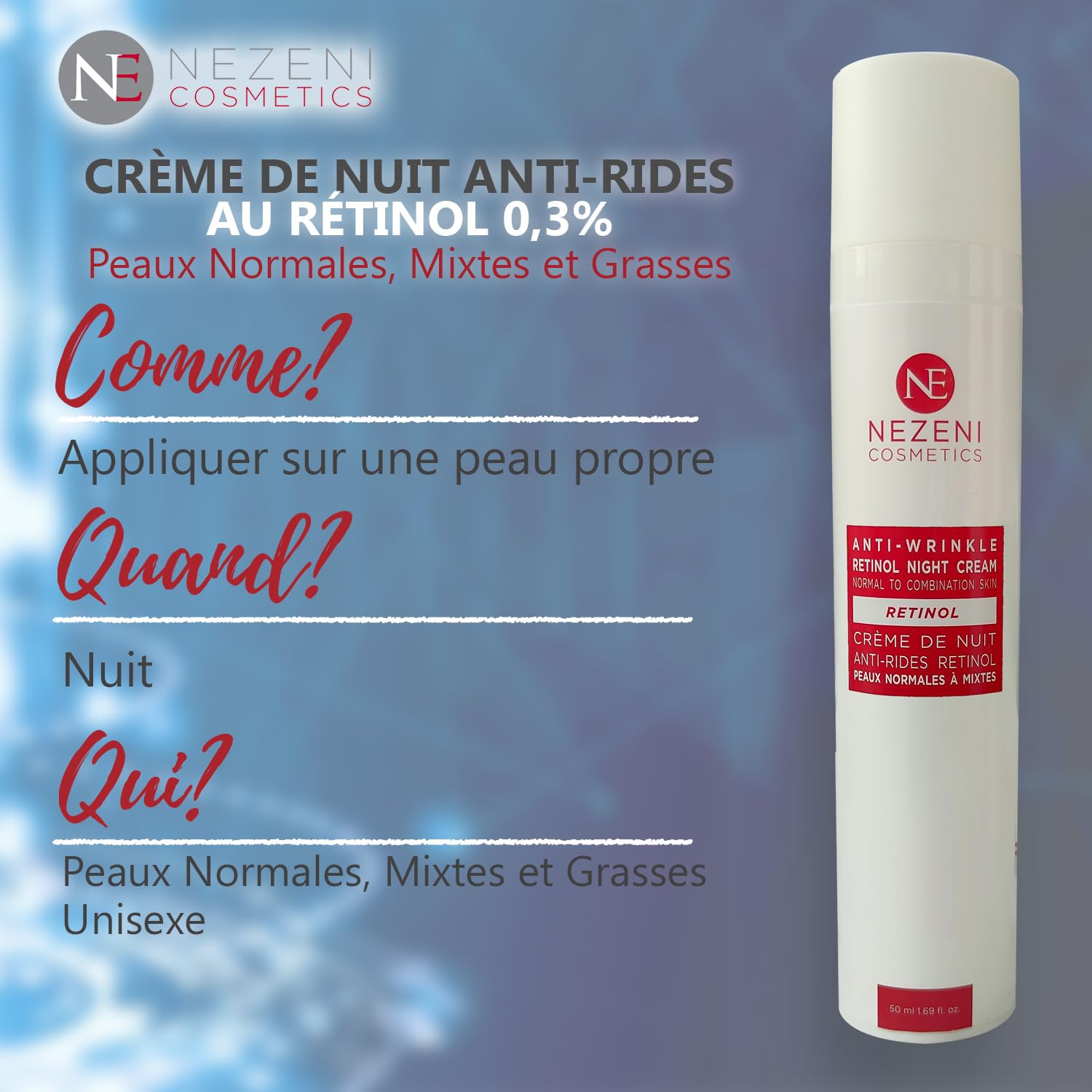 Nezeni Crema Noche 0.3% RETINOL PURO Antiarrugas Mujer/Hombre 27 Activos | Rellenador Arrugas Profundas Con Ácido Hialurónico | Crema Reafirmante Cara, Cuello y Escote | Piel Normal, Grasa y Mixta