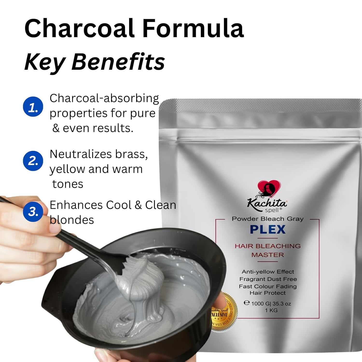 Kachita Spell Professional Black/Charcoal/Grey Powder Hair Lightener with PLEX for Hair Highlights, Balayage, dust free, Less Breakage, 2.2 lb, Made in USA
