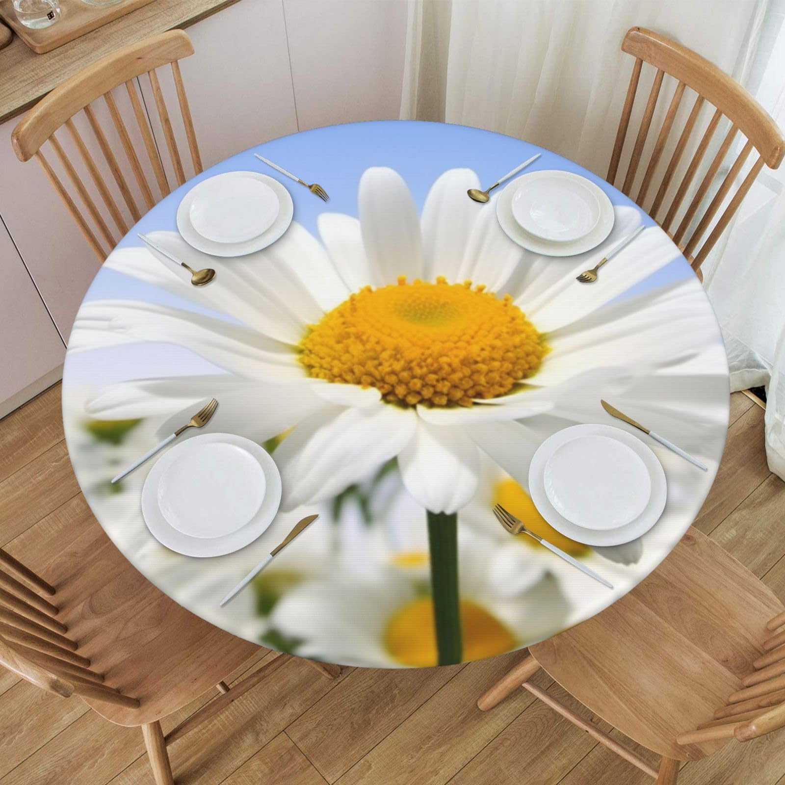 Runde Tischdecke Mit Elastischem Rand – Blumenmuster, Gänseblümchen, Für Tisch 101,6 Cm – Wasserdicht & Knitterfrei
