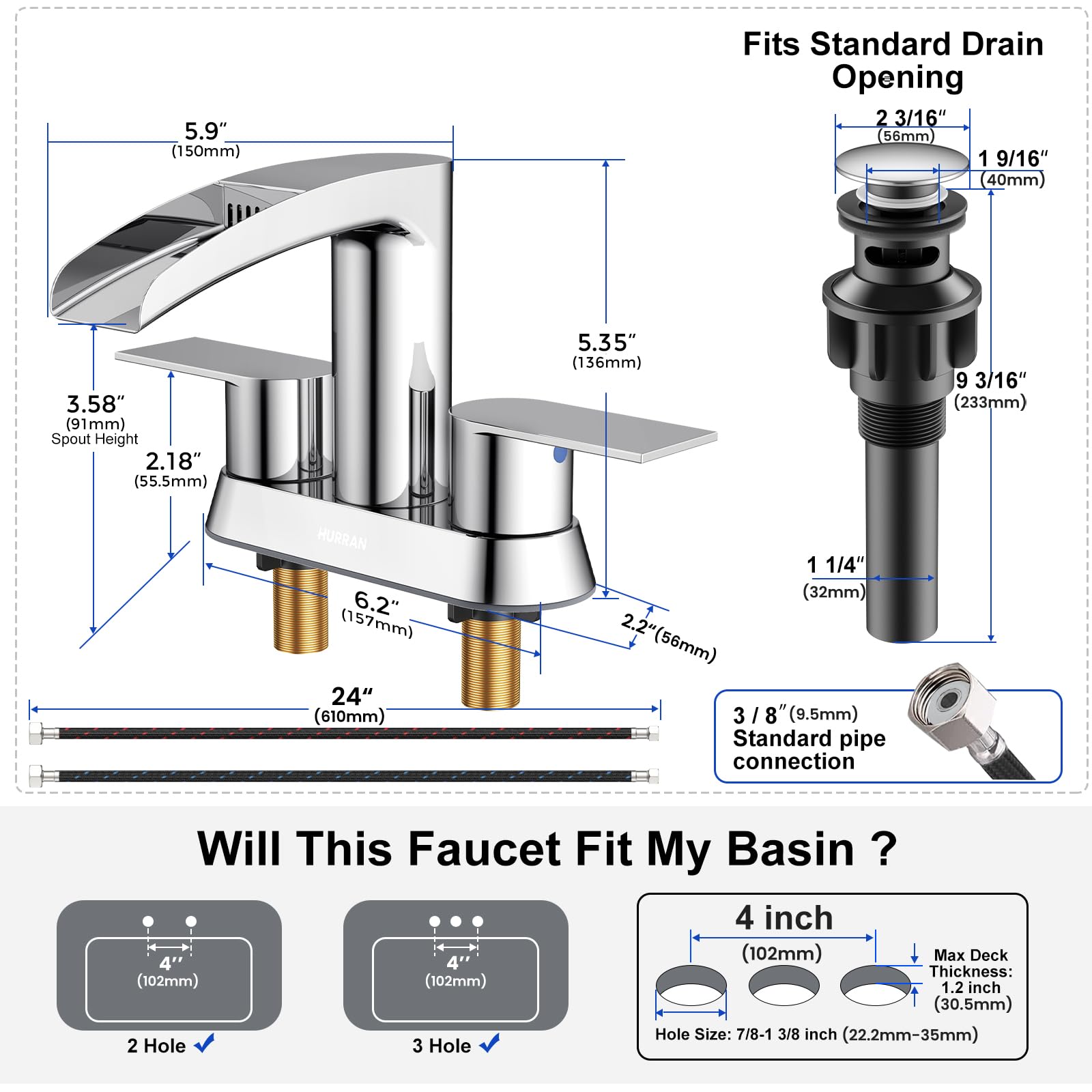 Hurran Rubinetto per lavabo da bagno a 3 fori, rubinetti da bagno da 10 cm con scarico pop-up, rubinetto a cascata a 2 maniglie in acciaio inox per lavabo da bagno, cromato