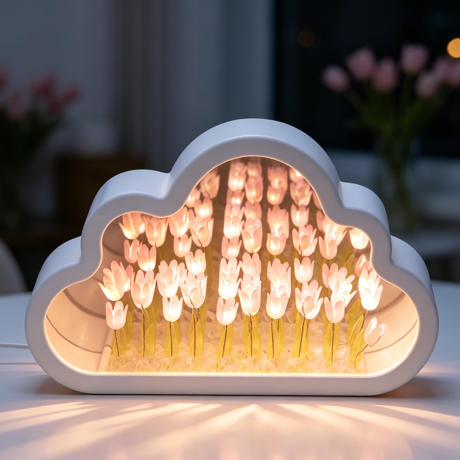 Hittriu Tulip Night Light, Cloud Mirror Lamp with 20 Tulip Flowers, USB Powered, LED Lamp Bedroom Decor, Birthday Gifts for Women (Pink)