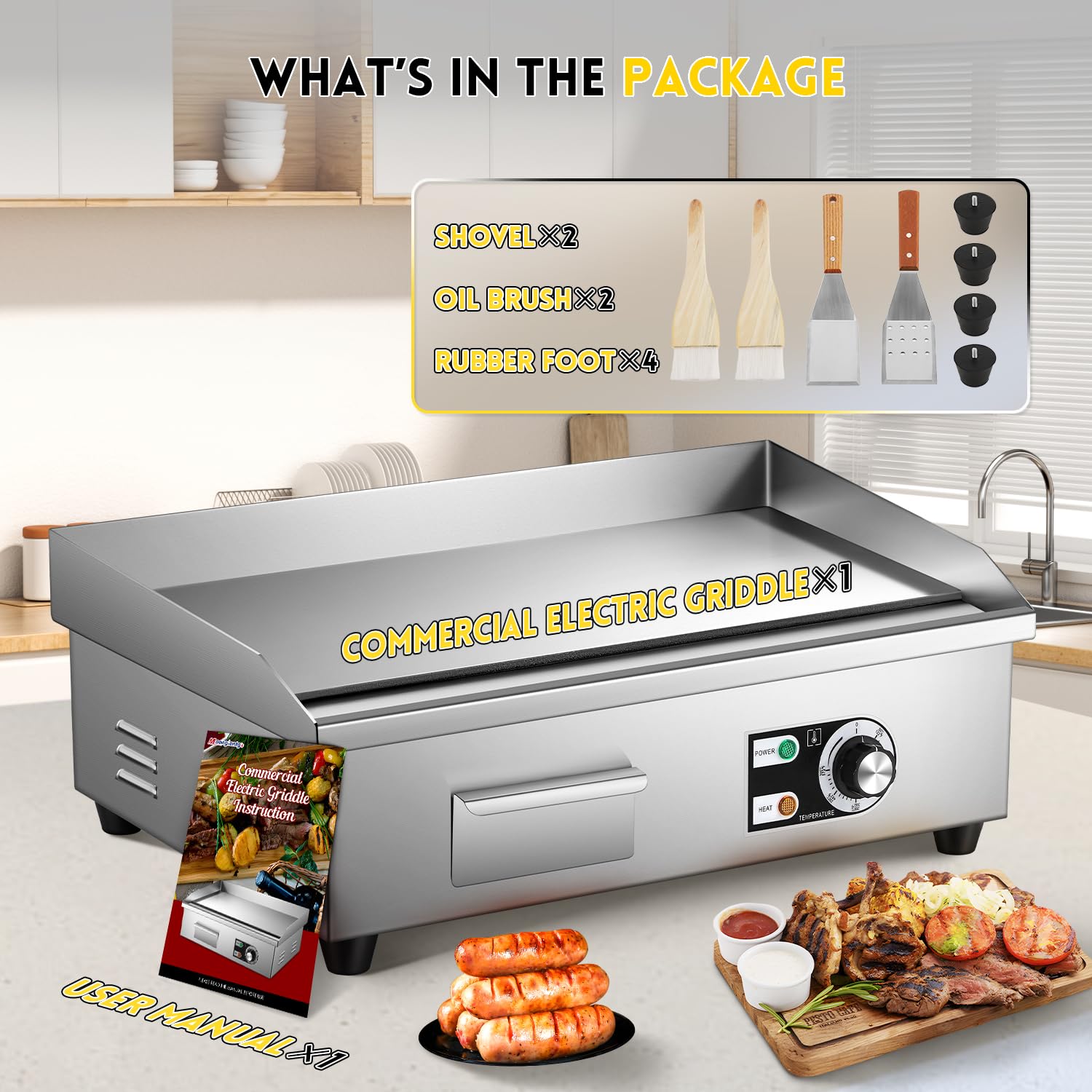 Moogiantgo - Plancha eléctrica comercial de 22 pulgadas, 1600 W, antiadherente para encimera, acero inoxidable, caja de aceite extraíble, temperatura ajustable de 32.0-572.0 °F, parrilla Teppanyaki 7