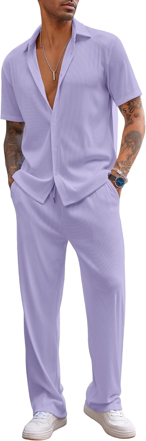 COOFANDY Men's 2 Piece Outfit Casual Short Sleeve Button Down Shirt Beach Summer Loose Pant Sets