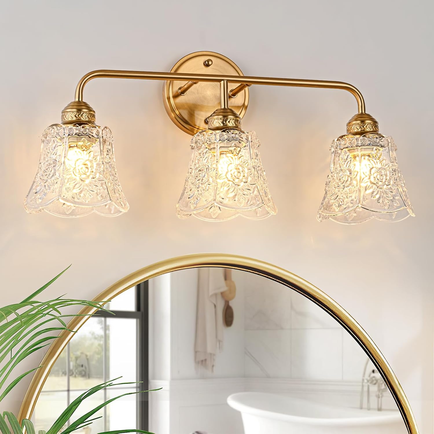 YUNICE Vintage Vanity Light Gold Bathroom Light Fixtures Antique Vanity Light Fixtures Brass Light Fixture Brushed Gold Light Fixture Bathroom with White Glass Flower Shade
