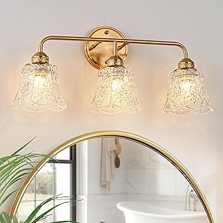 YUNICE Vintage Vanity Light Gold Bathroom Light Fixtures Antique Vanity Light Fixtures Brass Light Fixture Brushed Gold Light Fixture Bathroom with White Glass Flower Shade