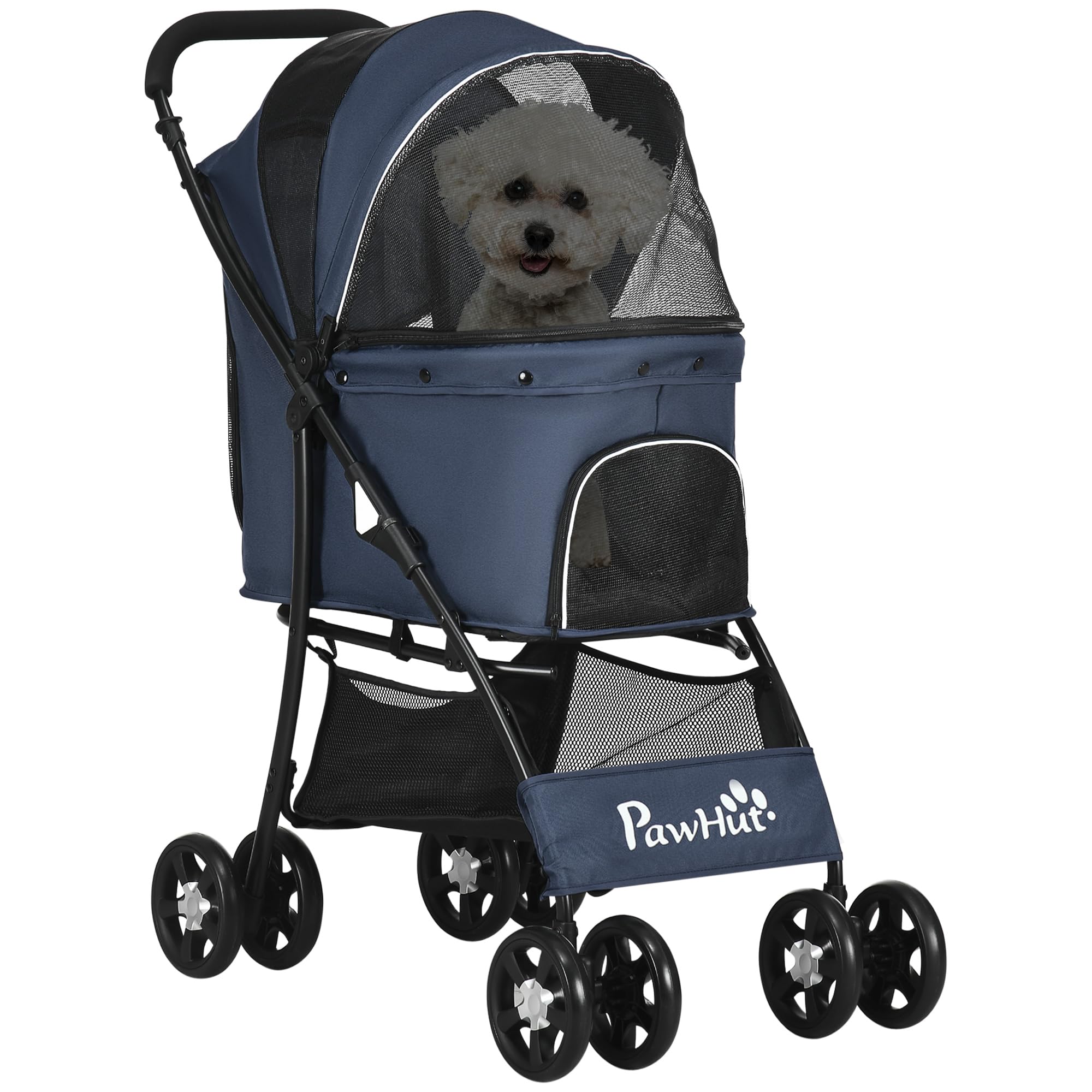 PawHut Cochecito plegable para perros con cojín, carrito para gatos con 4 ruedas, ventana de malla, espacio de almacenamiento para perros pequeños, gatos, 600D Oxford, azul marino