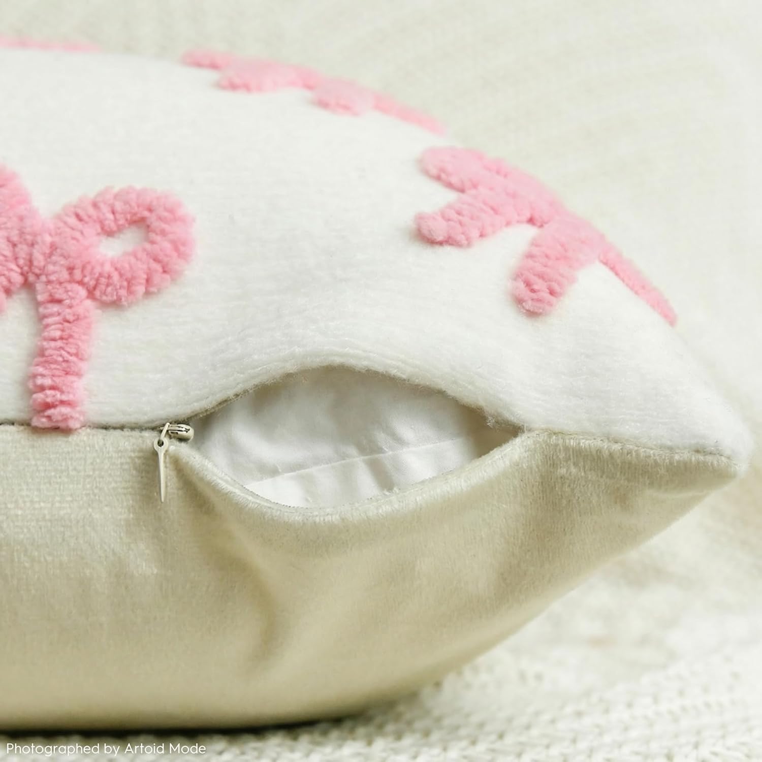AVOIN colorlife Pink Bow Throw Pillow Covers, 16 x 16 Inch Soft Plush Faux Fur Jacquard Cushion Case Decoration for Girl Gift Bedroom Holiday Home Sofa Couch Set of 2