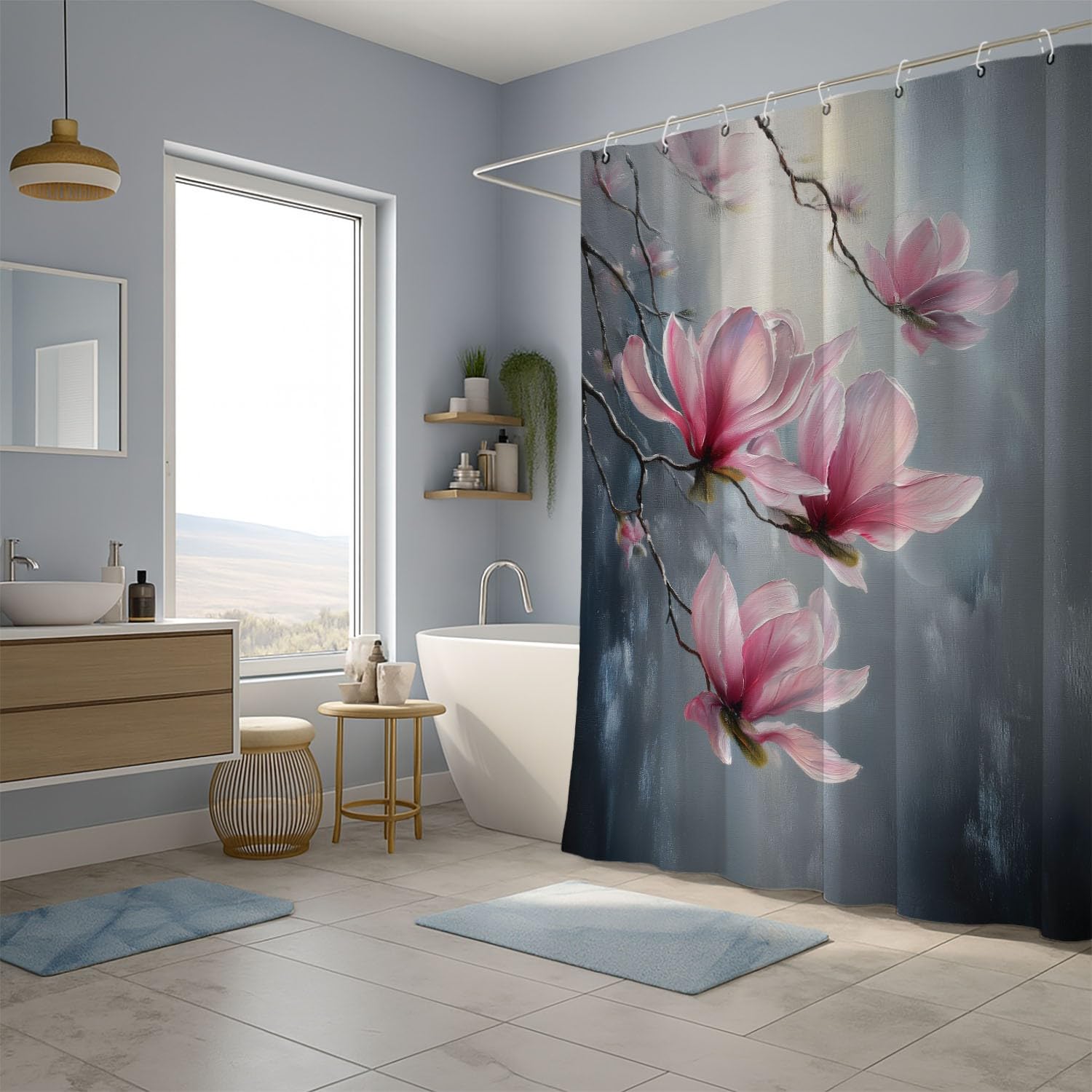 Generico Fantasia Tenda Da Doccia Elegante Misterioso Fiori Grigio Rosa, Tenda Da Doccia Per Bagno, Vasca Da Bagno, Tenda In Poliestere Impermeabile Con Ganci In Plastica, 180 x 180 cm