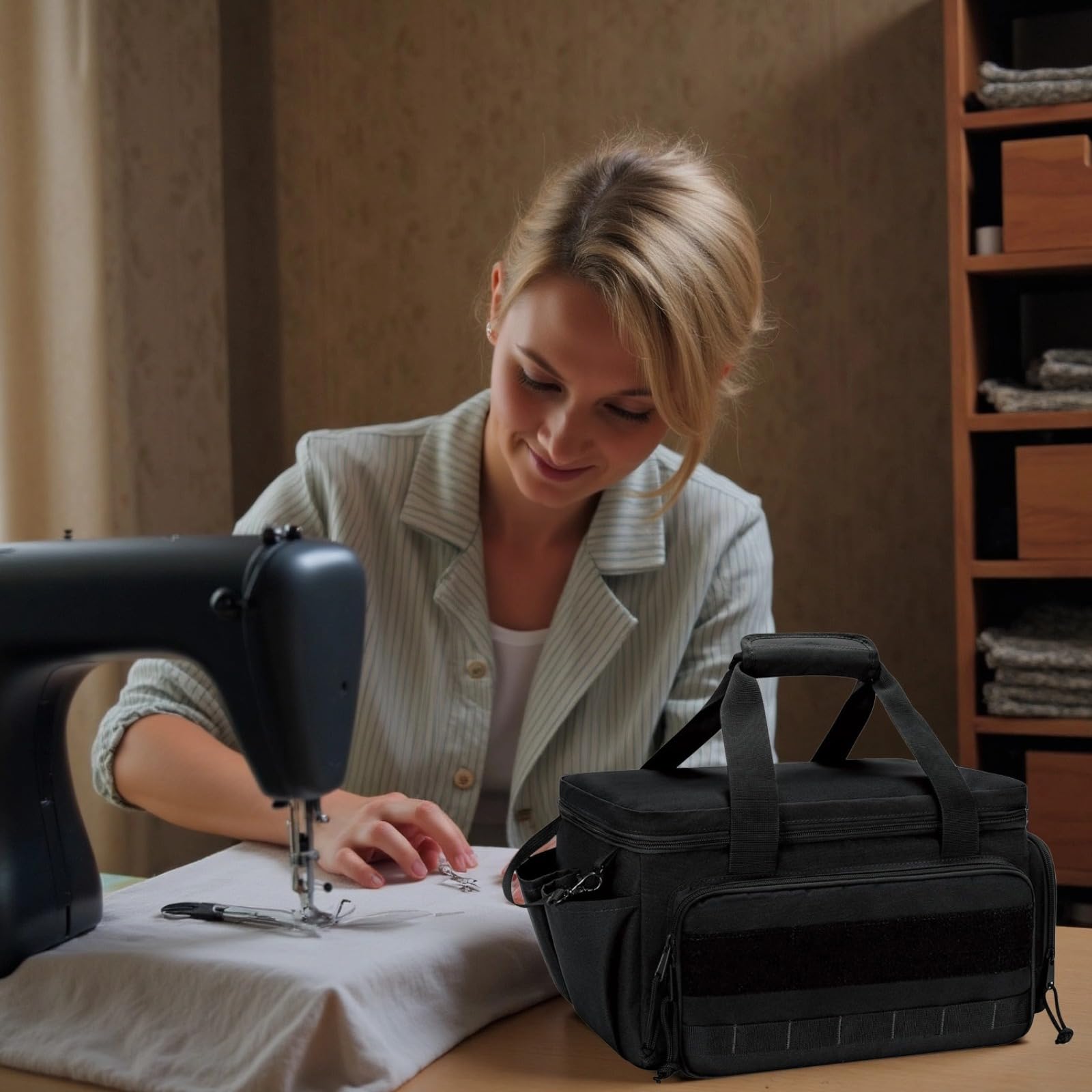 Werkzeugtasche, 36,7 x 21,5 x 20,5 cm, multifunktionale Arbeitstasche mit kleiner abnehmbarer Schlaufe, ausklappbaren Seitenhaken, Doppelreißverschluss, Polyester, Schwarz