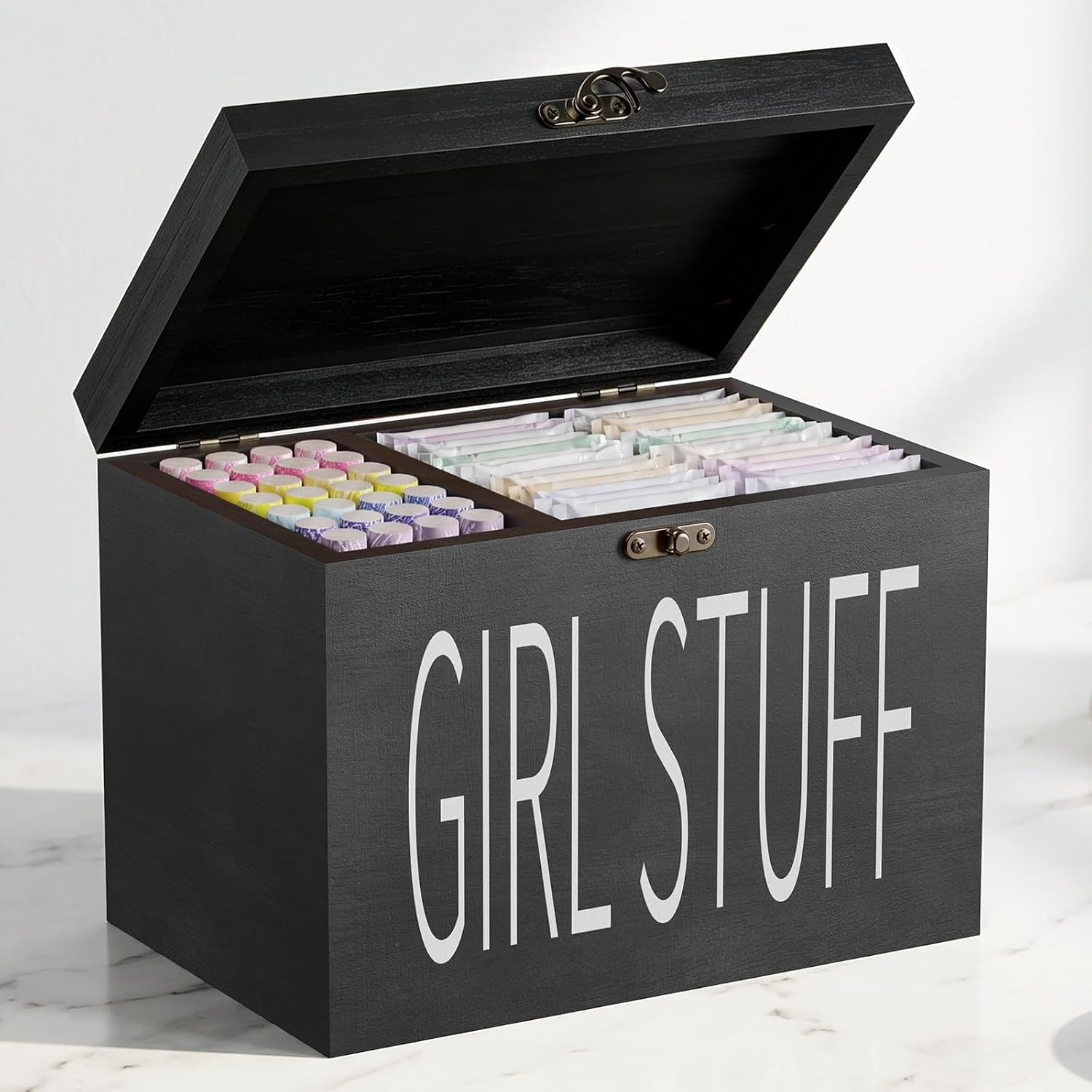 Wood Tampon Holder Box with Lid, Feminine Product Organizer, Girl Stuff Box for Bathroom & Vanity Counter, Tampon Storage, Bathroom Period Products, Toilet Organizer, Ideal Gift for Girl