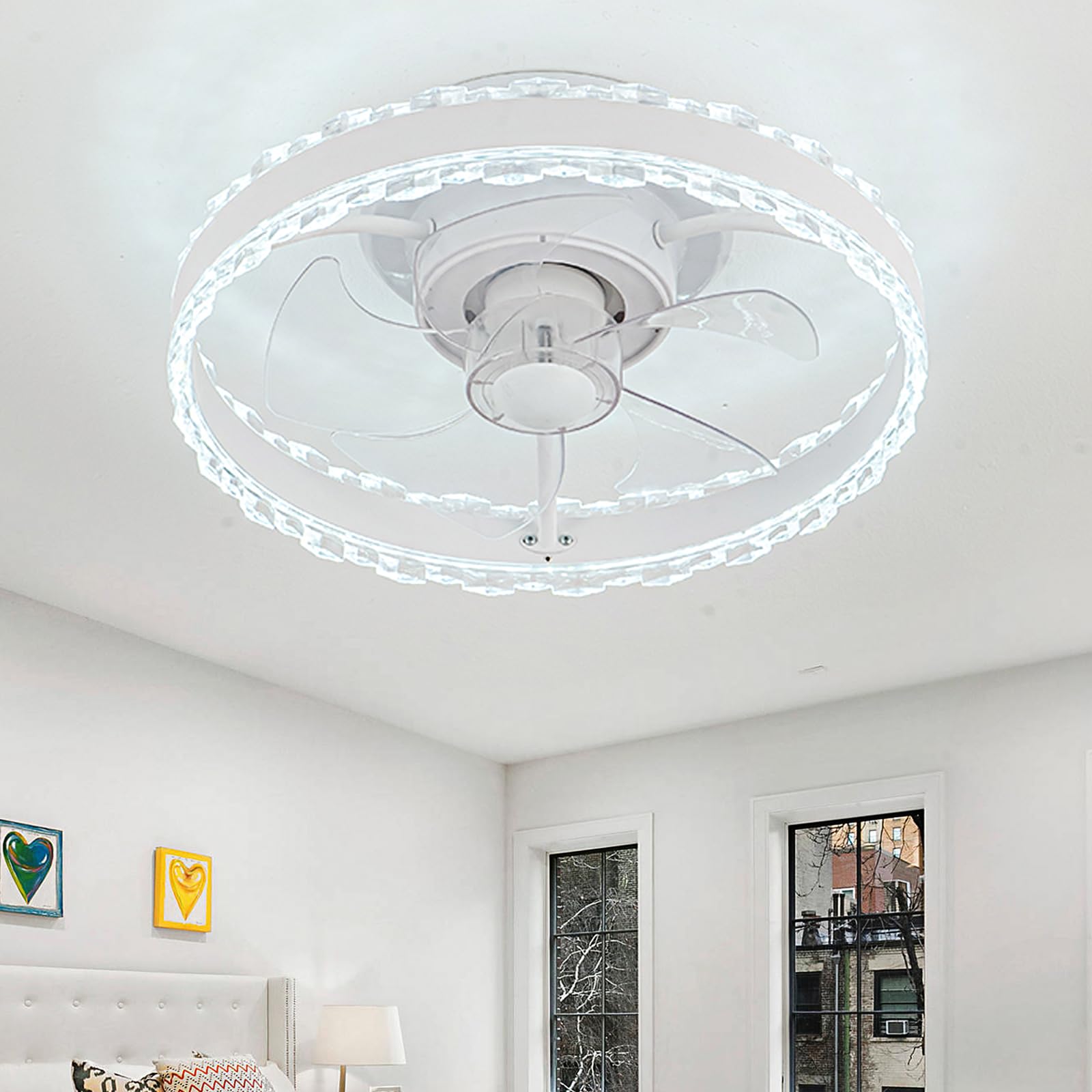 Bedroom Light Fan Ceiling Crystal LED Lampshade Memory Function Dimmable Modern Ceiling Fans with Lights DC Reversible Silent 6 Speed Ceiling Fan Lights with Remote Control Ceiling Fan Lamps-White