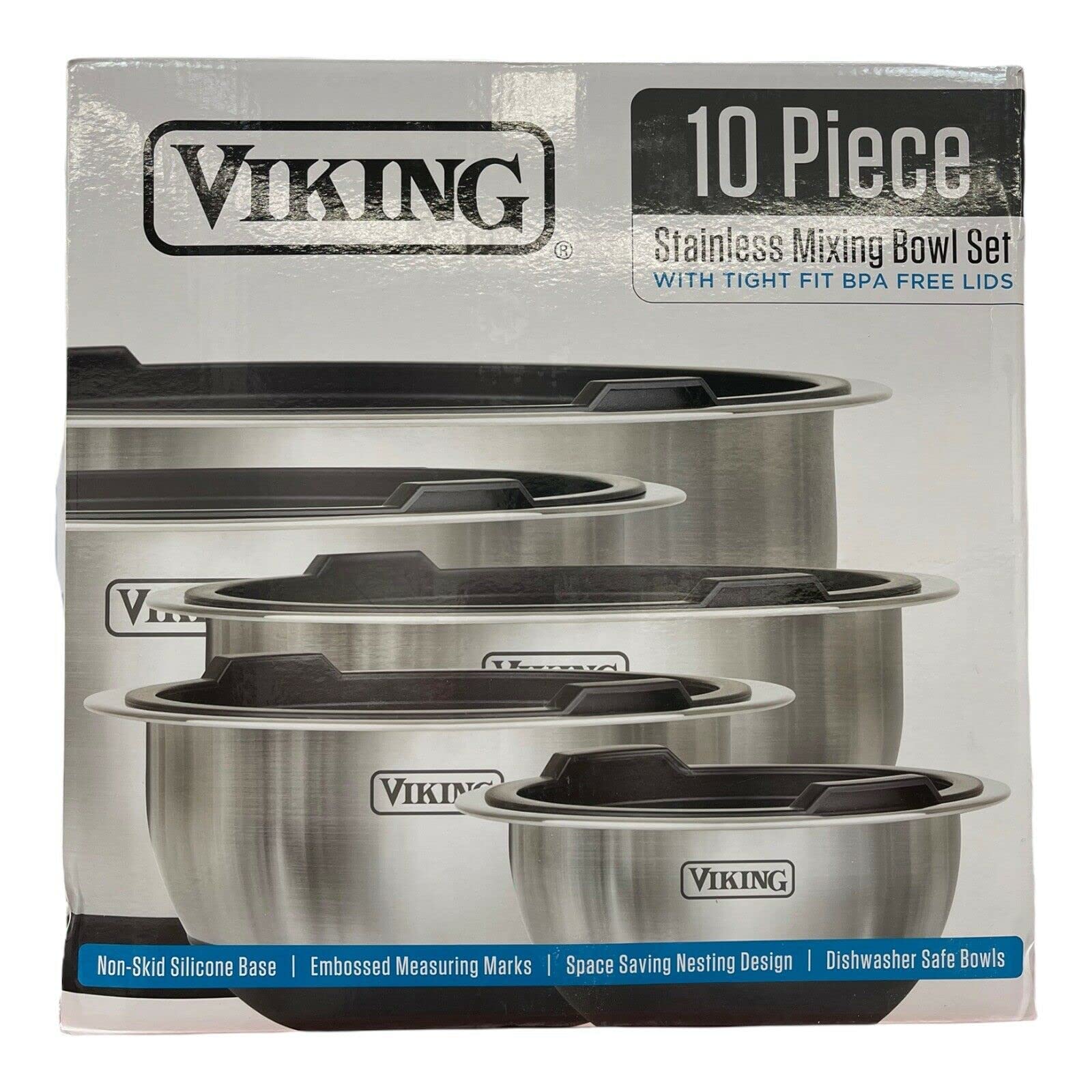 VIKING Culinary Stainless Steel Mixing Bowl Set, 10 piece, Non-slip Silicone Base, Includes Airtight Lids, Dishwasher Safe, Black