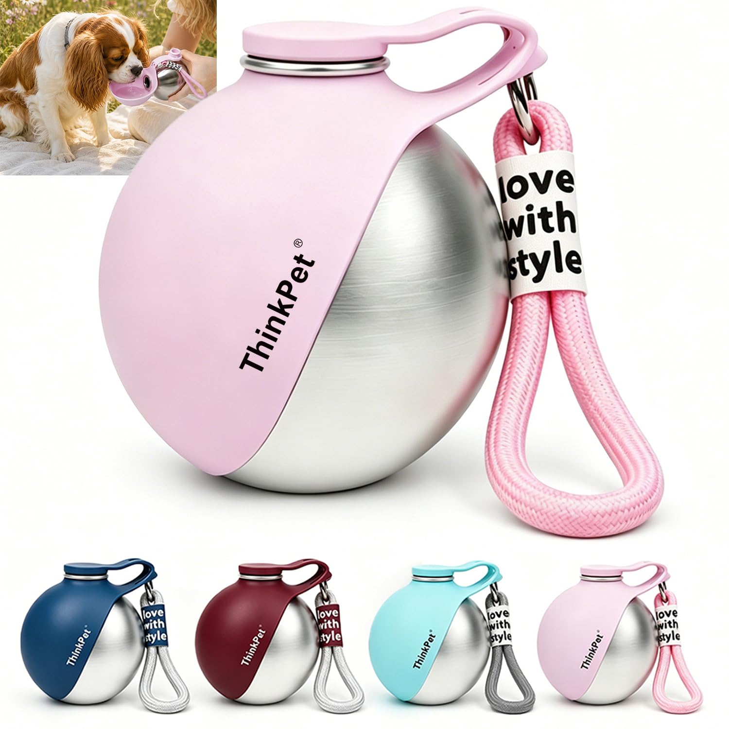 ThinkPet Leafsip 285ML Pet Water Bottle Lightweight Portable Cute Dog Water Bottle with Lanyard Leak-Proof BPA-Free for Small Dogs Cats Puppies Kittens Outdoor Walking Hiking Travel Pink