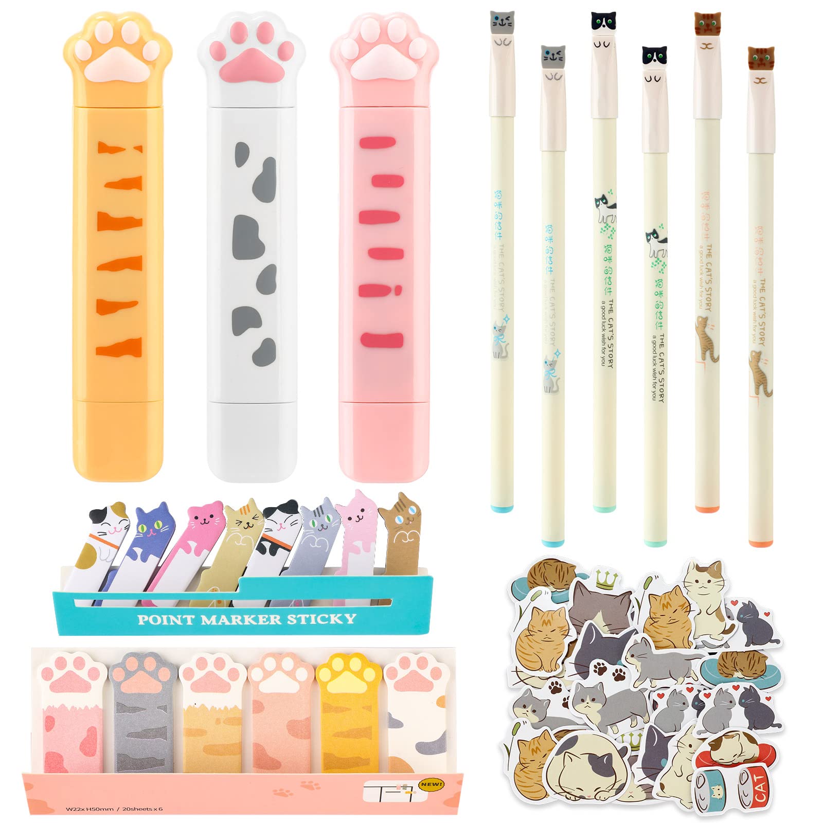 414 Pieces Cute Cat Gel Pens Japanese Cats Design Cat Sticky Flags Tab Cat Stationery Set Cartoon Correction Tapes for Christmas Cat Lovers Kids Girl Stationery School Office Supplies (Cute Style)
