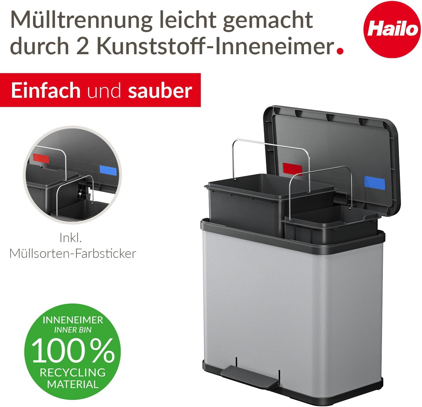 Hailo 0630-220 "Oeko Duo Plus L Pedal Waste Separator, Sheet Steel Silver, 17-9 Litre