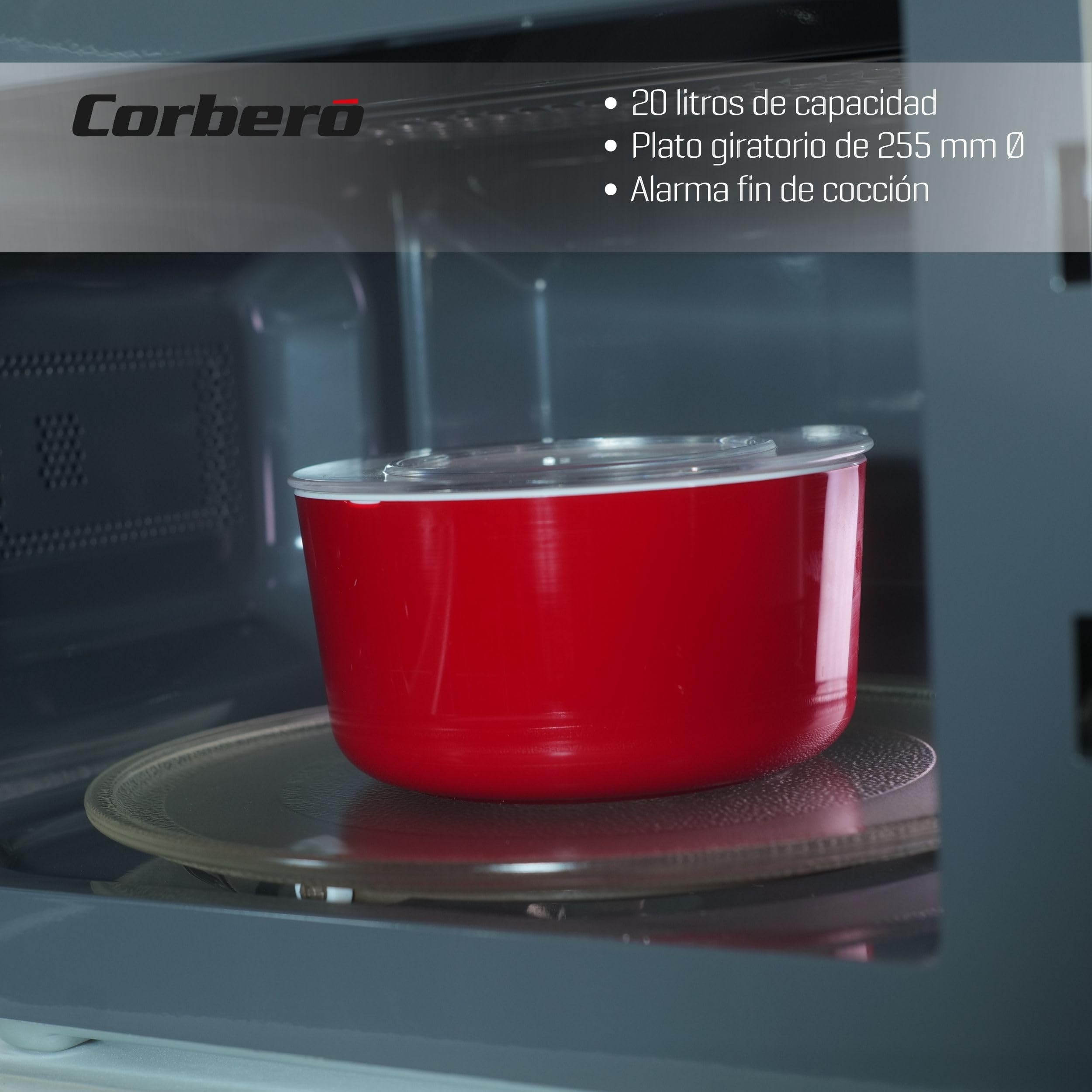 Corberó - Microondas con grill | CMICM6020GX | 700W | 20L | Gratinar y Asar | Descongelar | 9 Niveles Potencia | Temporizador | Plato Giratorio | 26x44x34 | Inox