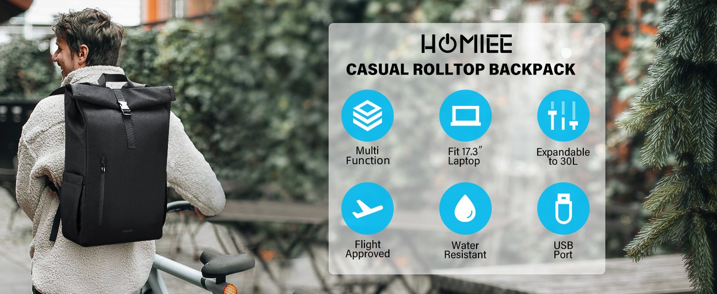 OAK25 Zaino Rolltop Riflettente da Donna & Uomo Nero - Luminite Rolltop - Zaino Roll Top per il Lavoro e la Bicicletta - Scomparto per Laptop fino a 16 Pollici - 23L