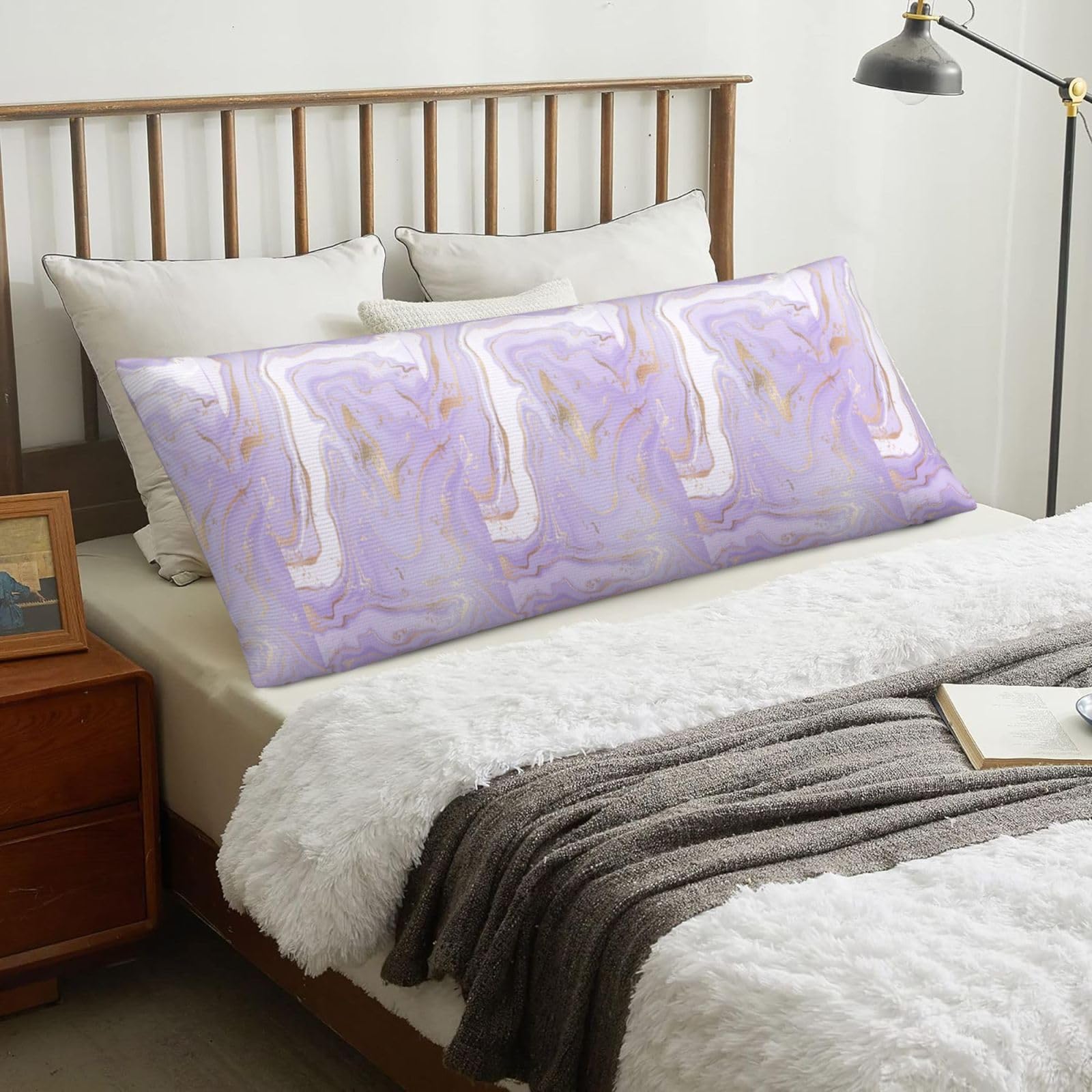 Lavender Purple Marble Golden Line, Body Pillow Cover with Zipper,Long Body Pillowcase 20 x 60 in