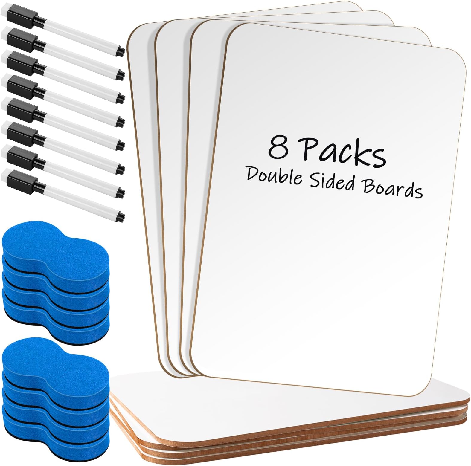 Small White Board Dry Erase, 8 Packs Double Sided Mini Whiteboards with 8 Markers and 8 Erasers 7'' x 10''