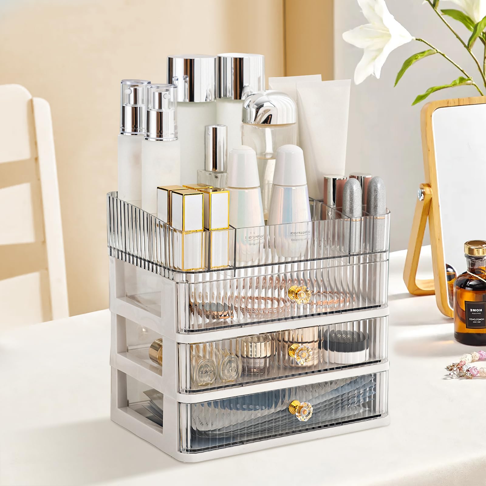 Oemmn Make Up Organizer mit Schubladen Acryl Kosmetik-Organizer mit 3 Schubladen und 14 Fächern Schreibtisch-Aufbewahrungsbox Schmuckkastenf, Schminkaufbewahrung für Schlafzimmer, Badezimmer Kosmetik
