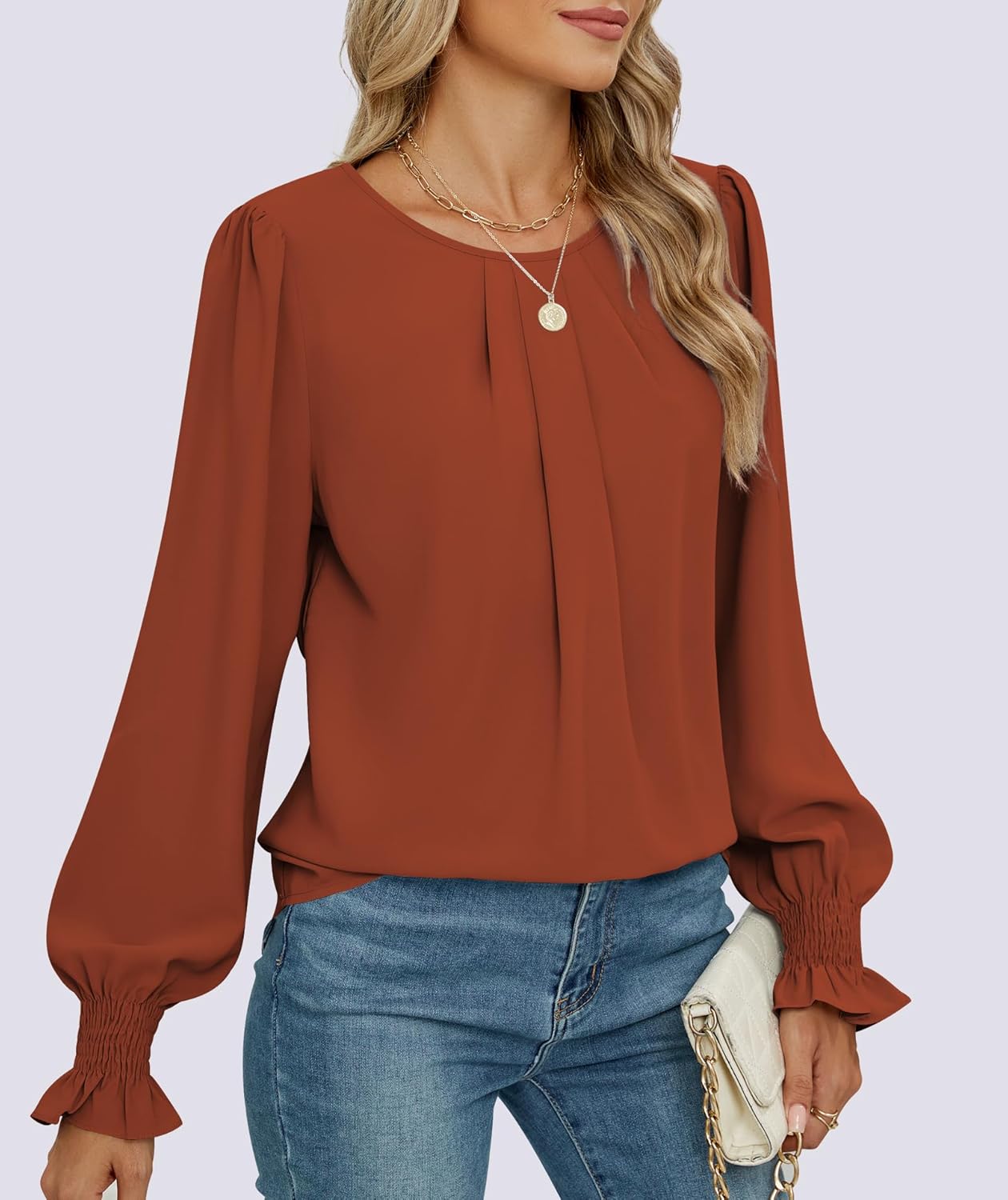 Funlingo Womens Tops Dressy Casual Smocked Long Sleeve Shirts Crew Neck Loose Chiffon Tunics Office Work Blouses - Image 4