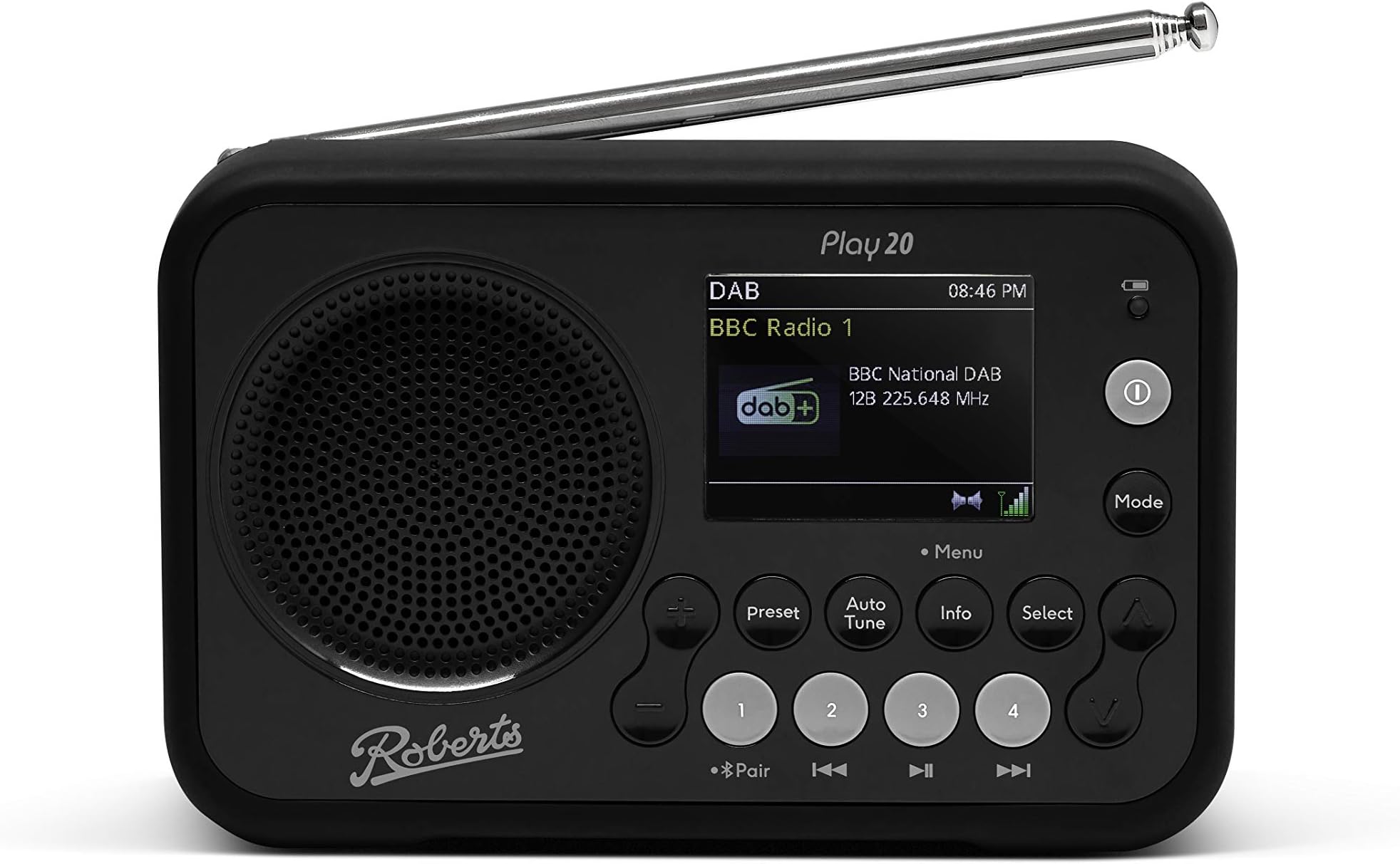 Roberts Radio PLAY20 Compact and Portable DAB/DAB+/FM Digital Rubber-Protected, Full Colour Screen, Black